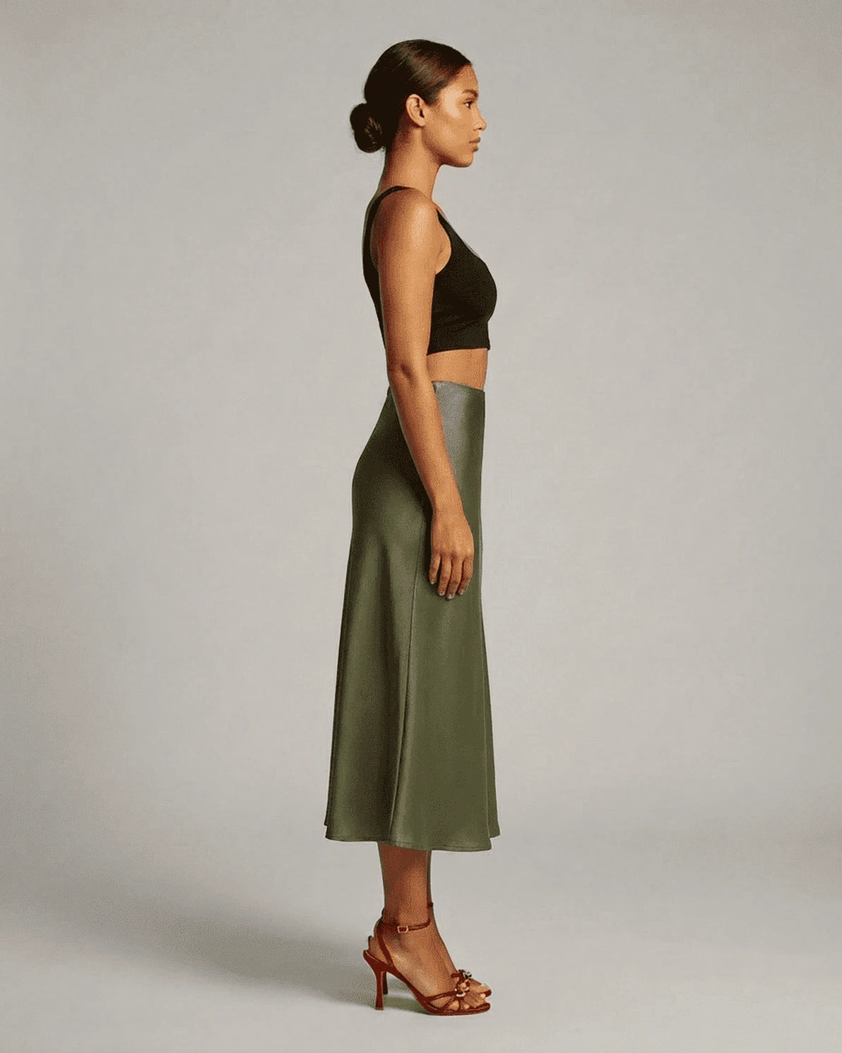 Olivia Midi Skirt – Olive Satin midi skirt, detail view by Slimona