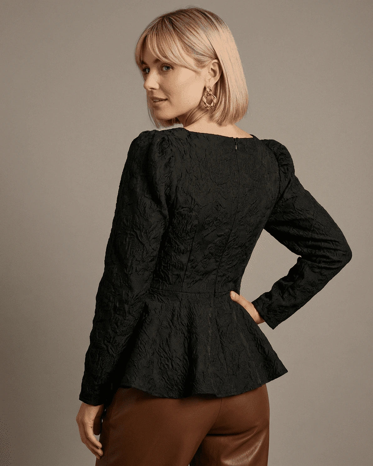 Noir Corset Top – Black Jacquard Square Neck blouse, detail view by Slimona