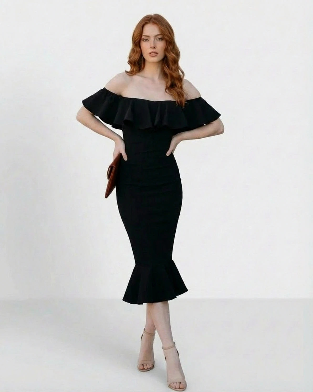 Noiréa Midi Dress – Black Off Shoulder midi dress, detail view by Slimona