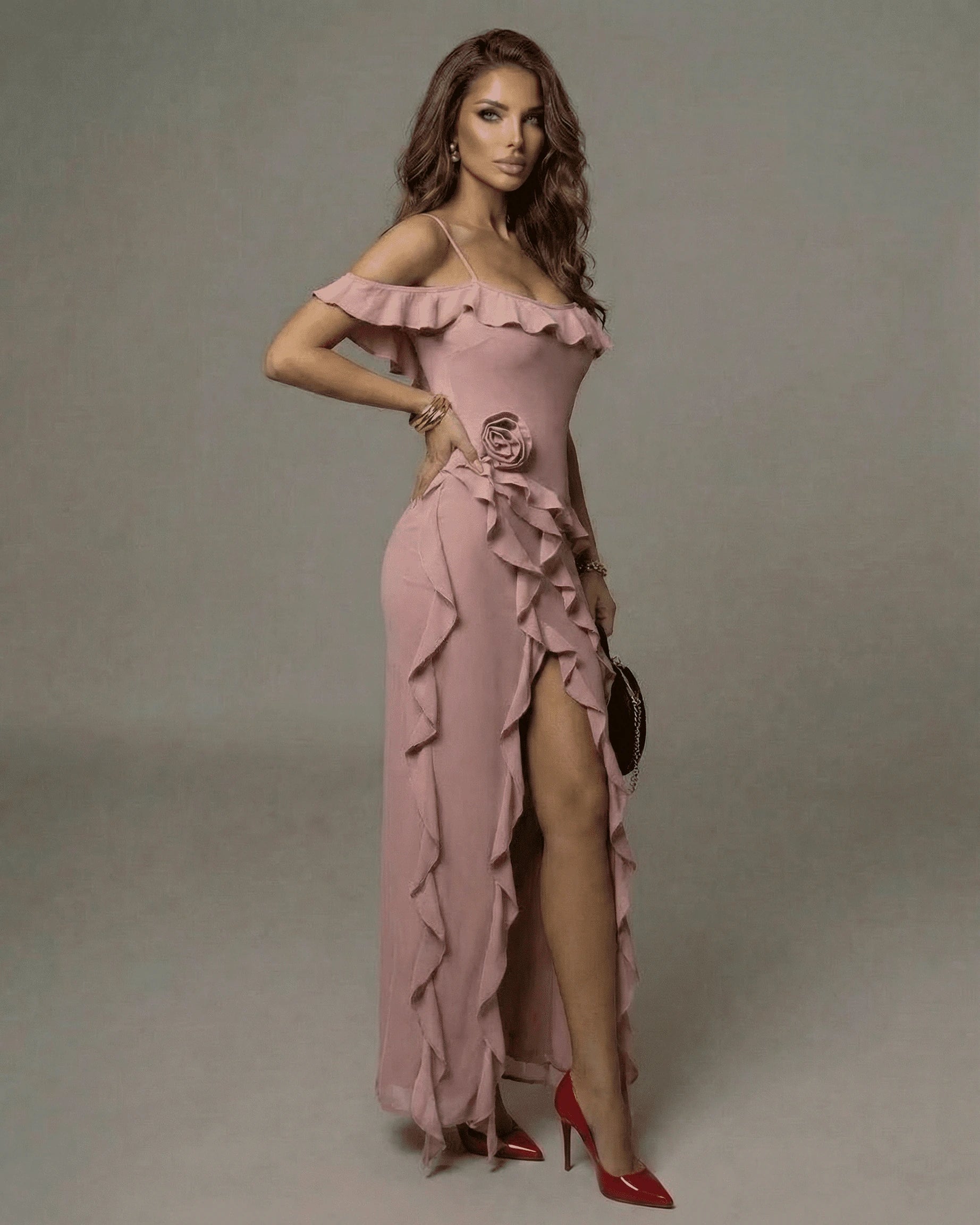 Yasmin Maxi Dress – Blush Knit Off Shoulder maxi dress, detail view by Slimona