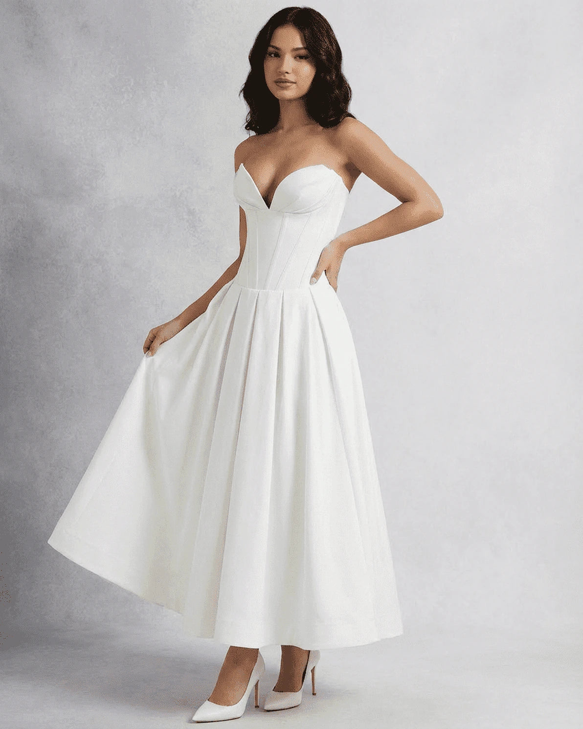 Venice Midi Dress – White Strapless midi dress, detail view by Slimona