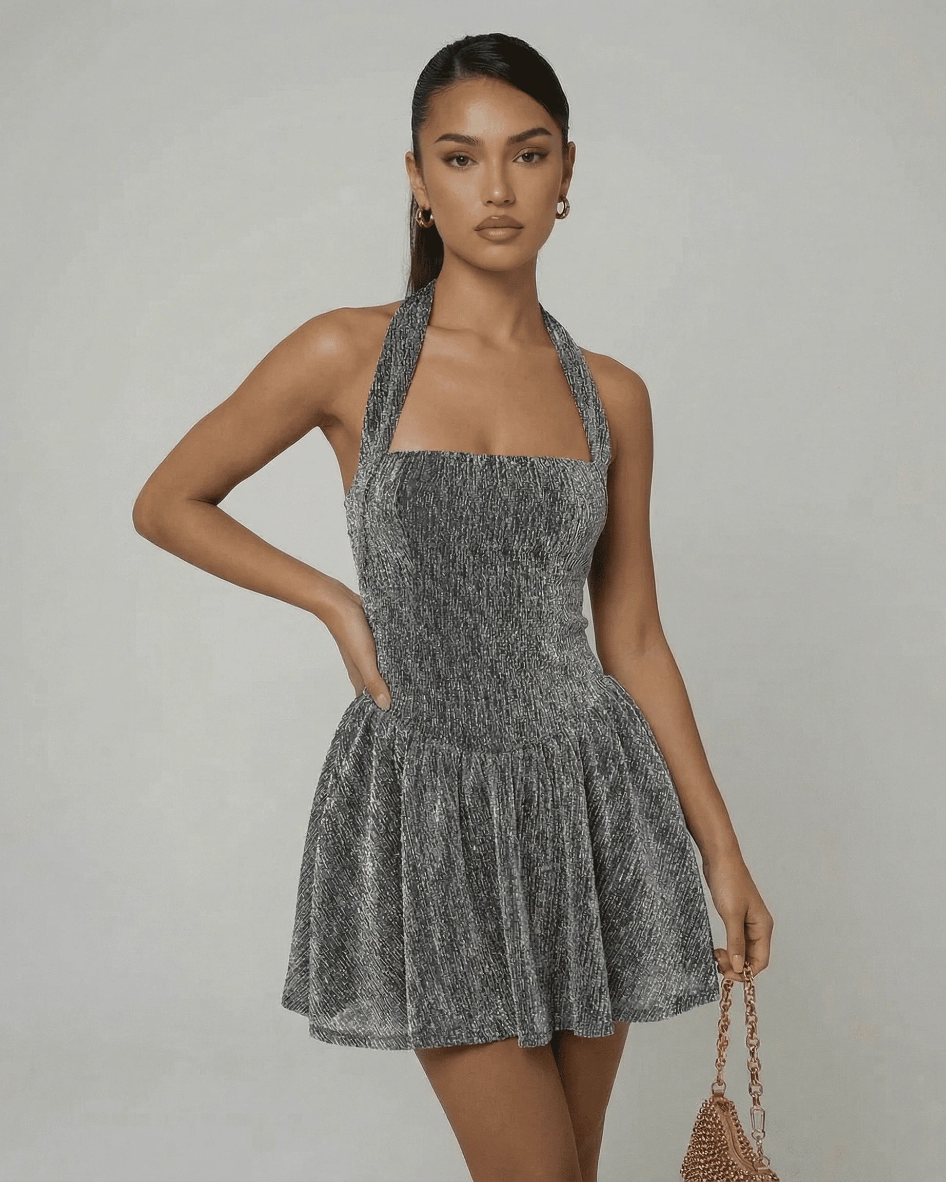 Milan Mini Dress – Silver Sequin Halter mini dress, detail view by Slimona