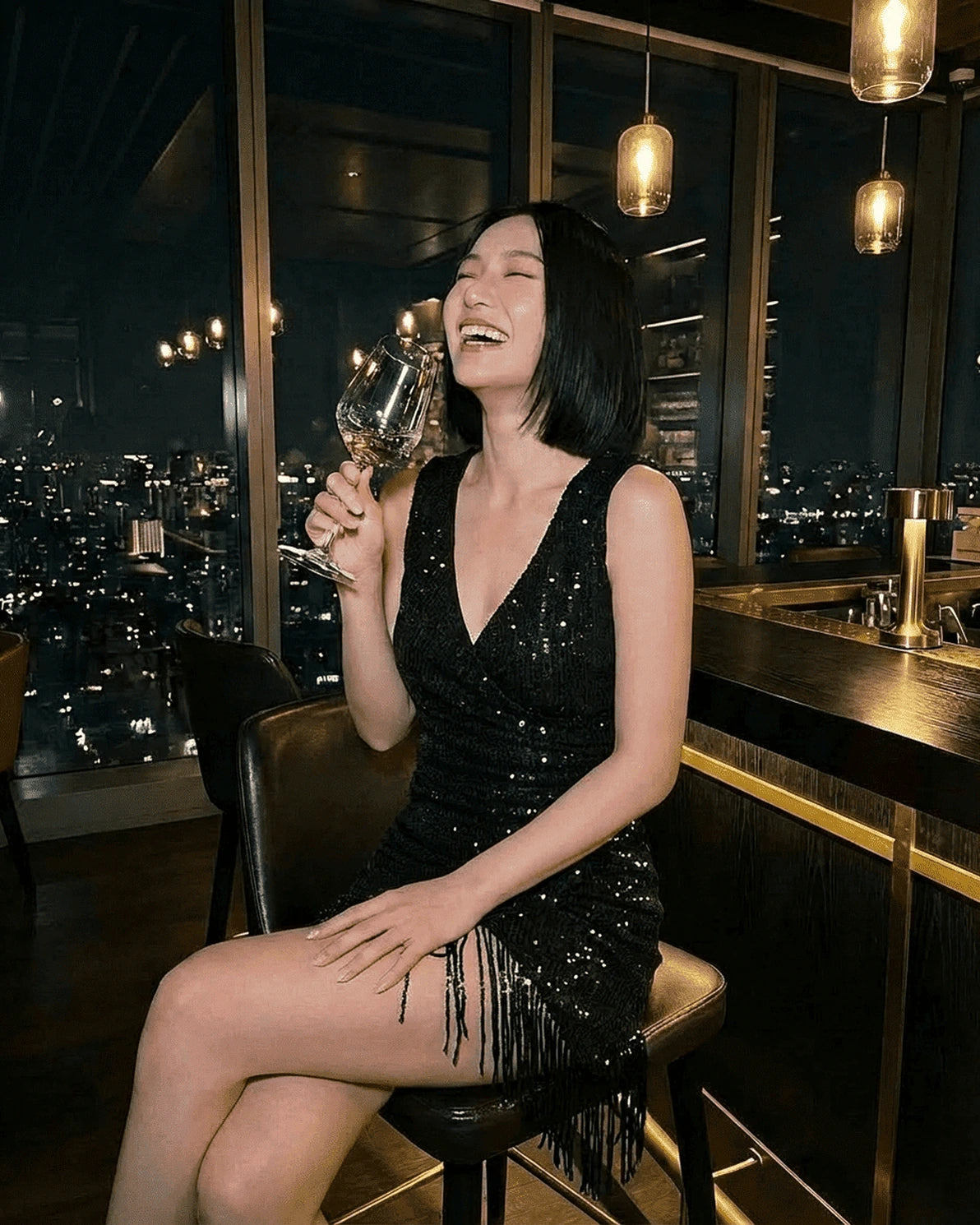 Freja Mini Dress – Black Sequin V Neck mini dress, styled look by Slimona