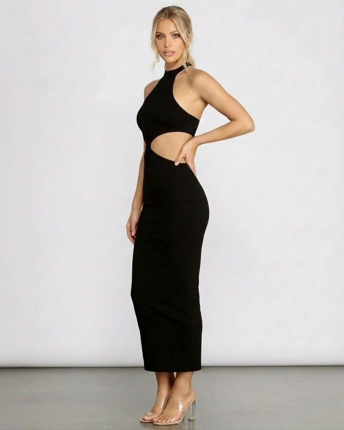 Seren Midi Dress – Black Ribbed Halter midi dress, styled look by Slimona
