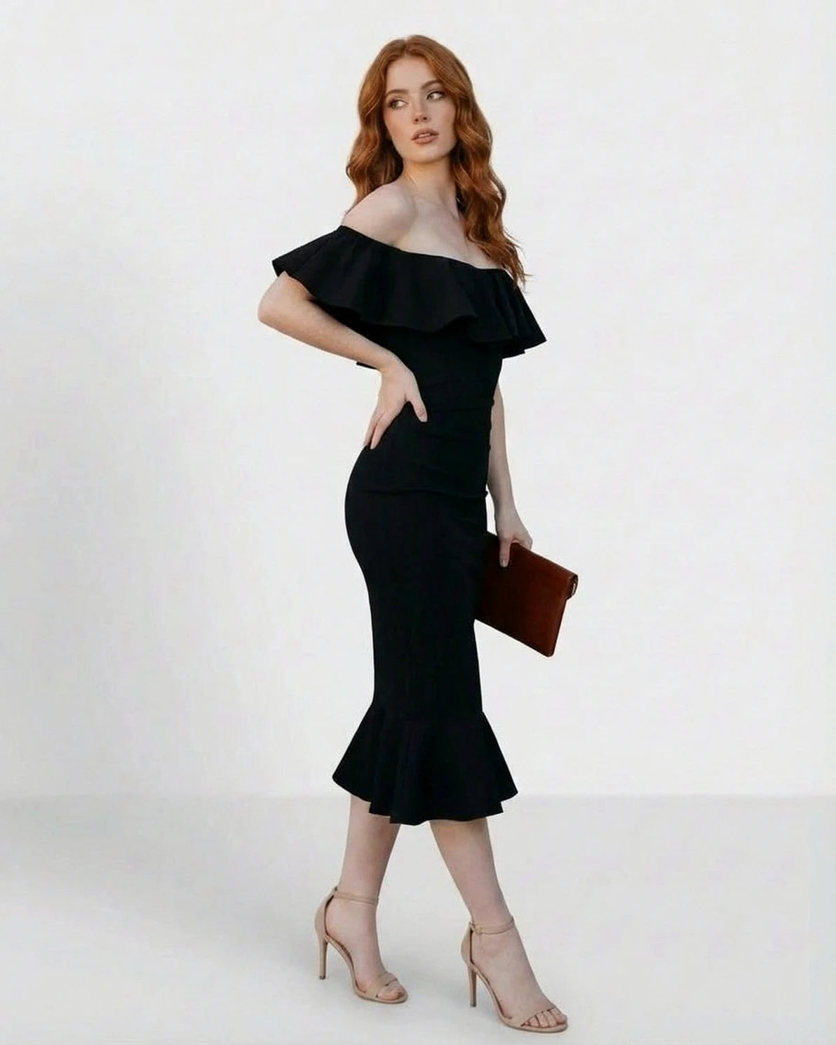 Noiréa Midi Dress – Black Off Shoulder midi dress, styled look by Slimona