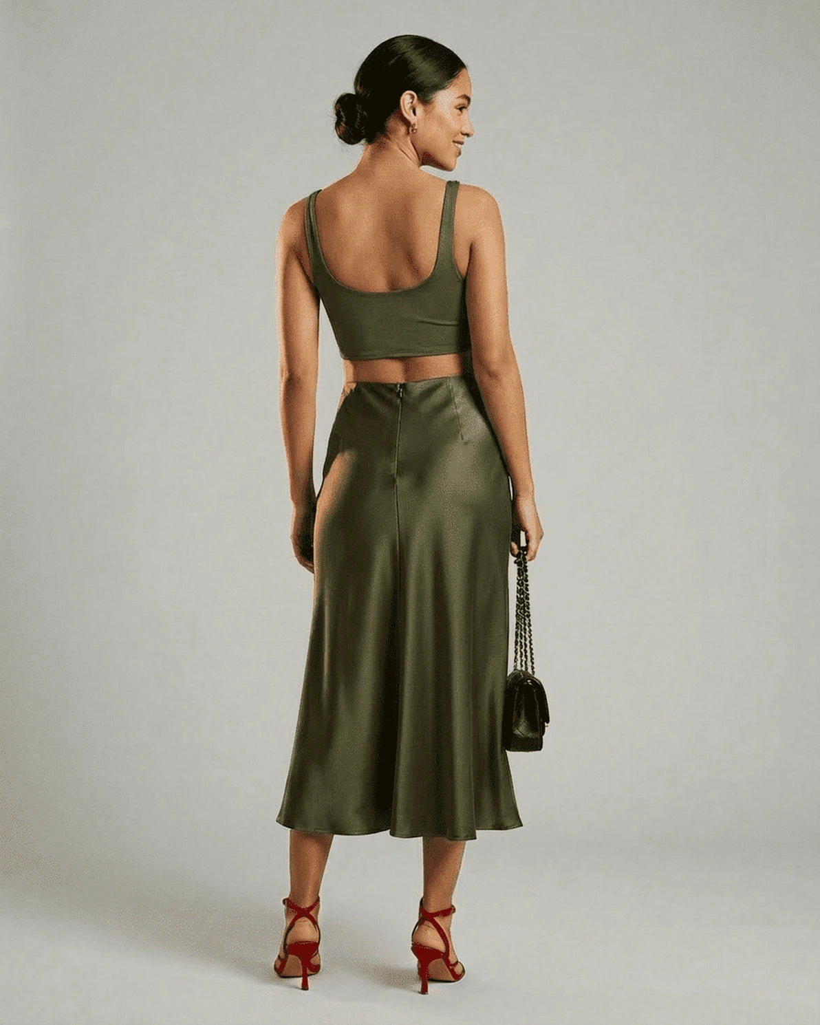 Olivia Midi Skirt – Olive Satin midi skirt, styled look by Slimona