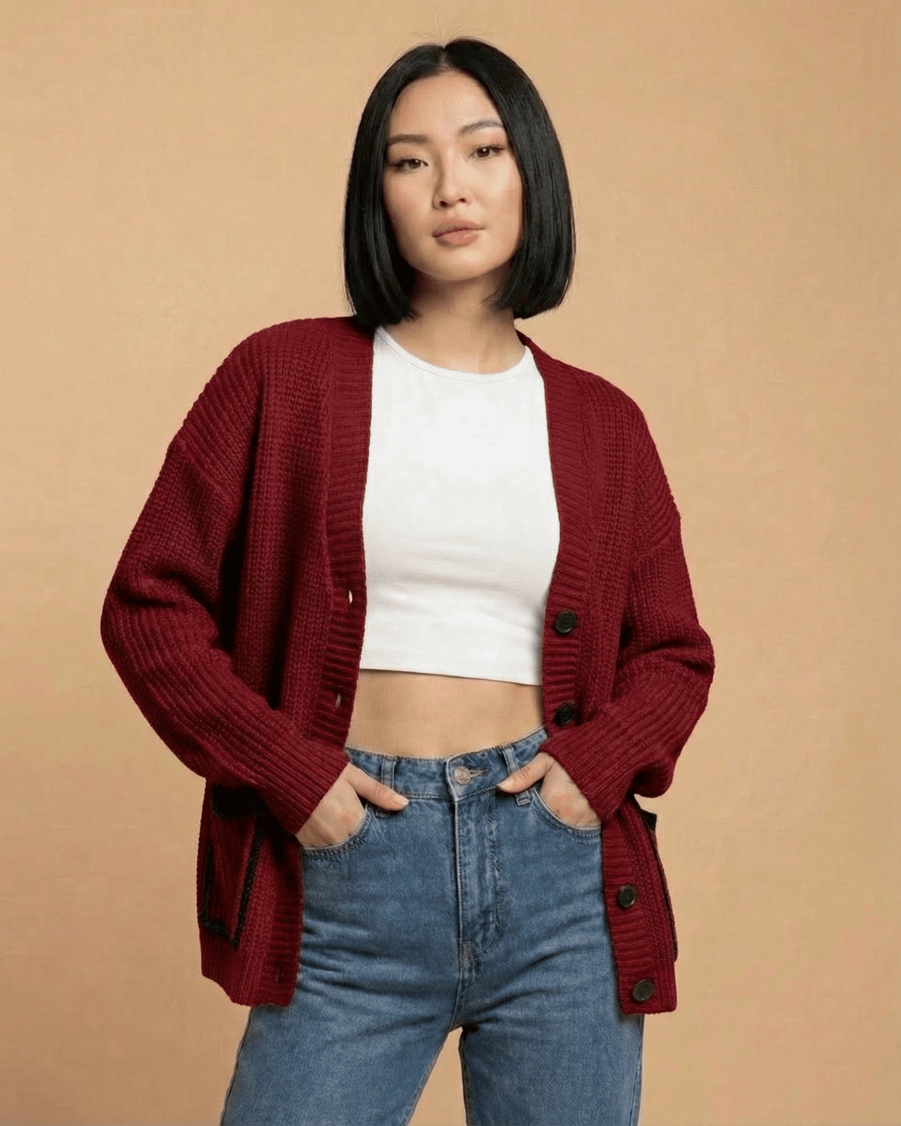 Merano Cardigan – Red Cotton cardigan, styled look by Slimona