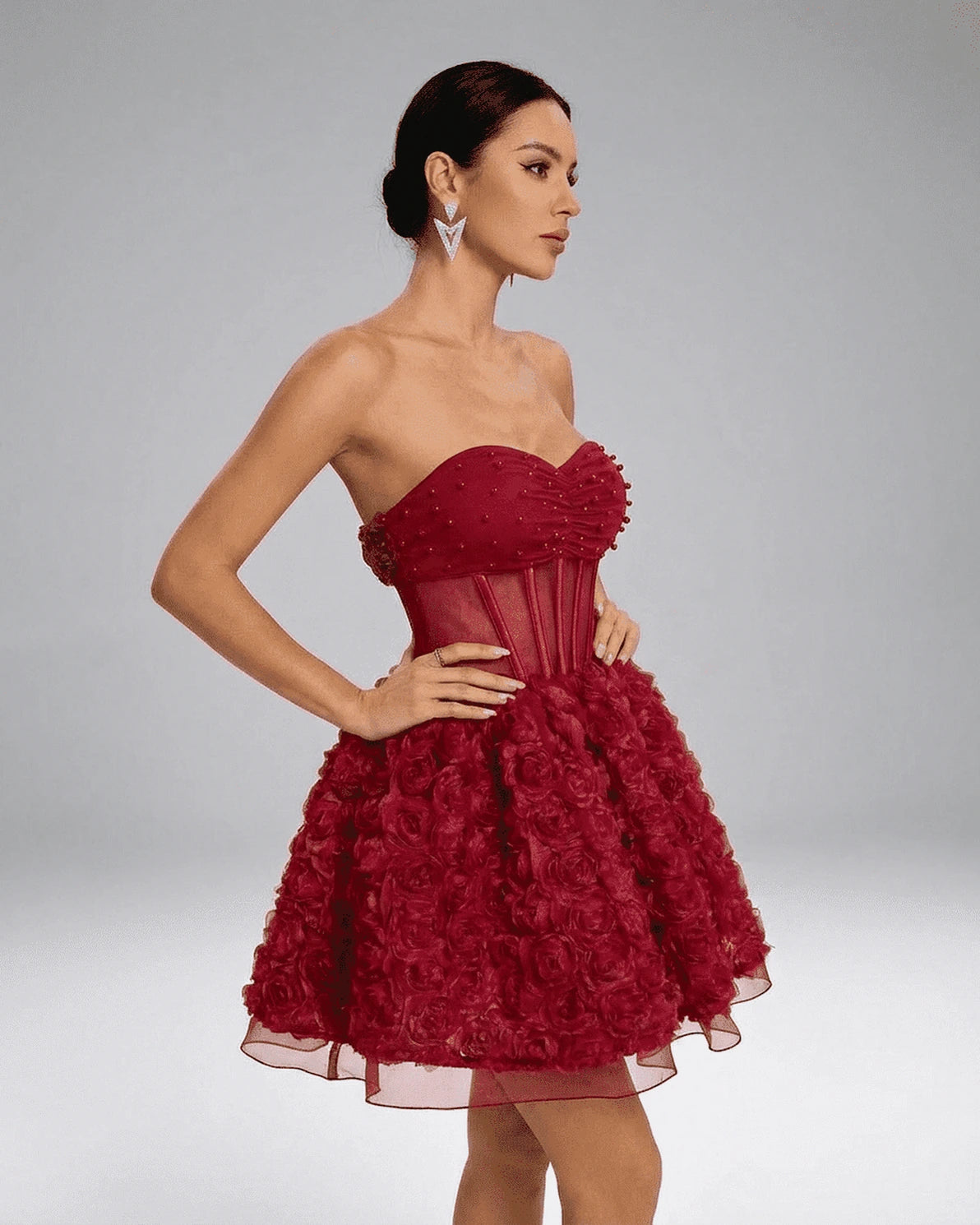 Talia Mini Dress – Red Mesh Strapless mini dress, styled look by Slimona