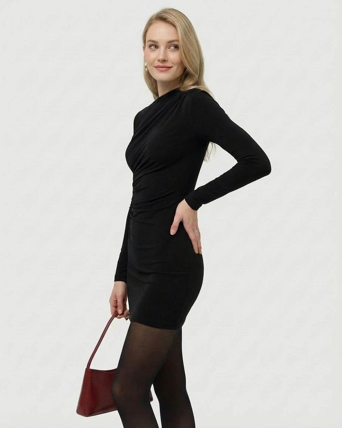 Noiré Mini Dress – Black Round Neck mini dress, styled look by Slimona