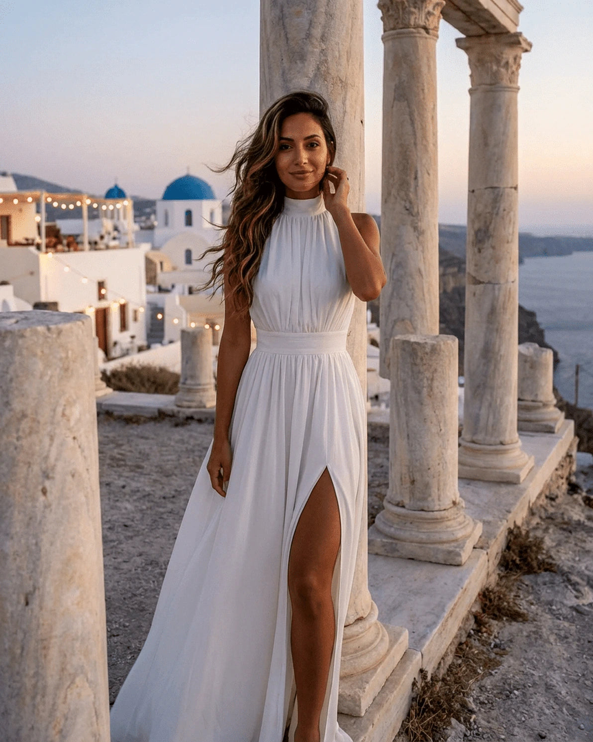 Elara Maxi Dress – White Turtleneck maxi dress, styled look by Slimona