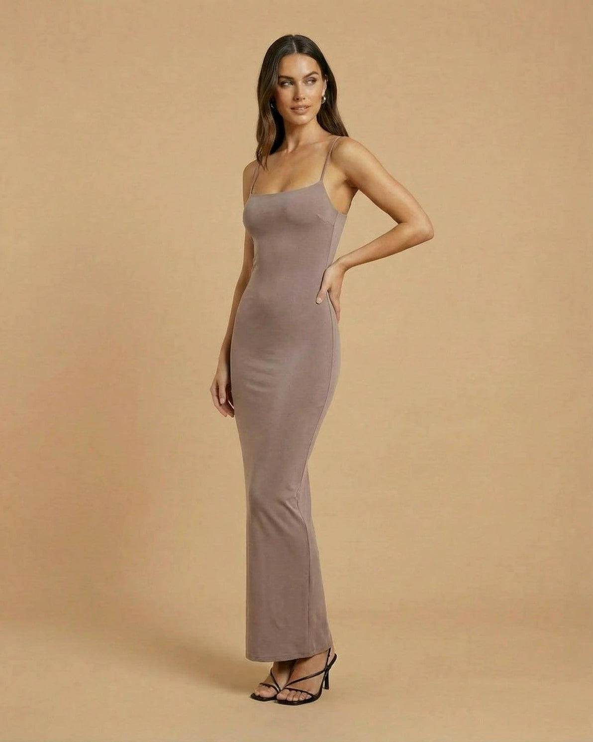 Sahara Maxi Dress – Sand Beige Round Neck maxi dress, styled look by Slimona