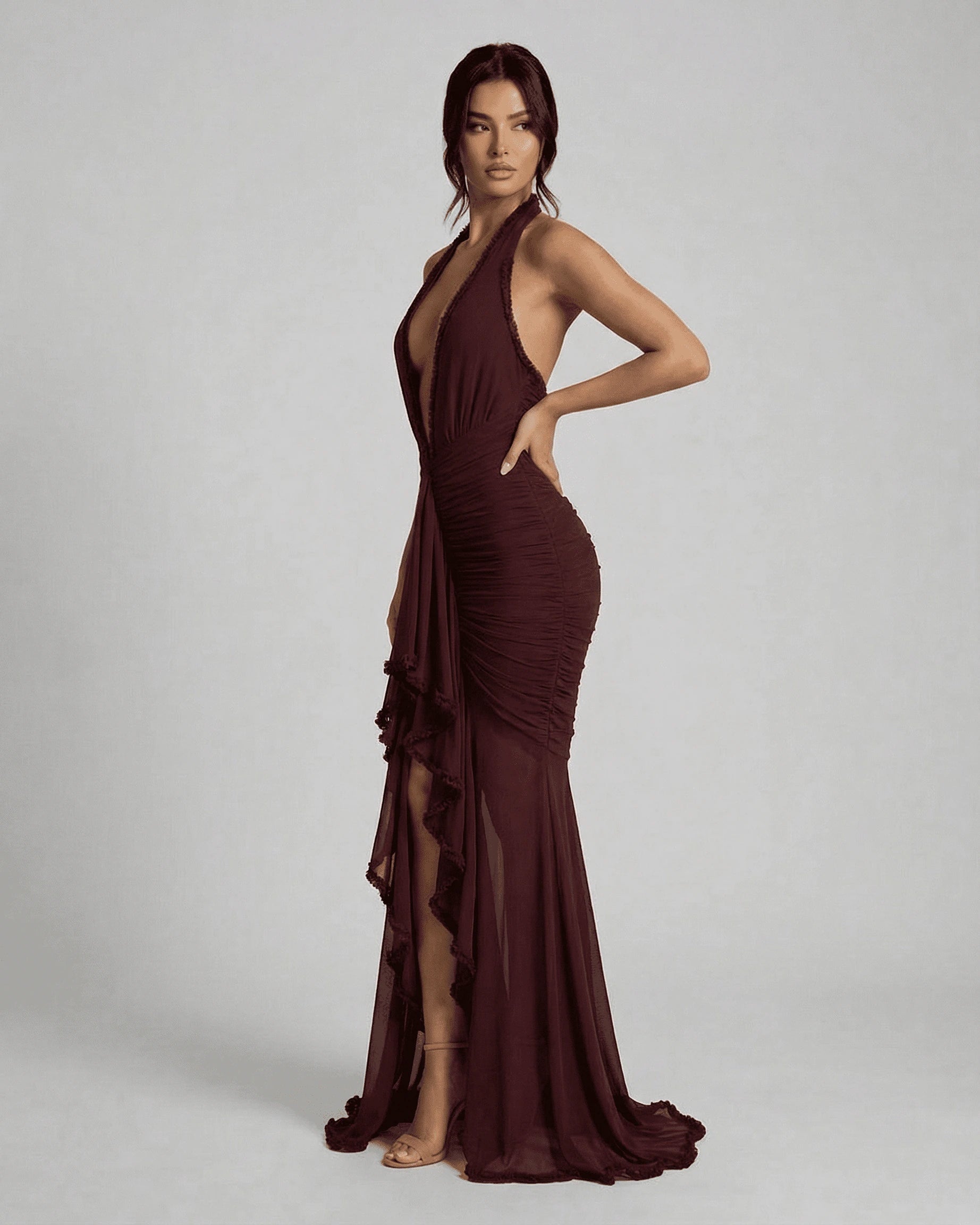Bordeaux Maxi Dress – Burgundy V Neck maxi dress, styled look by Slimona