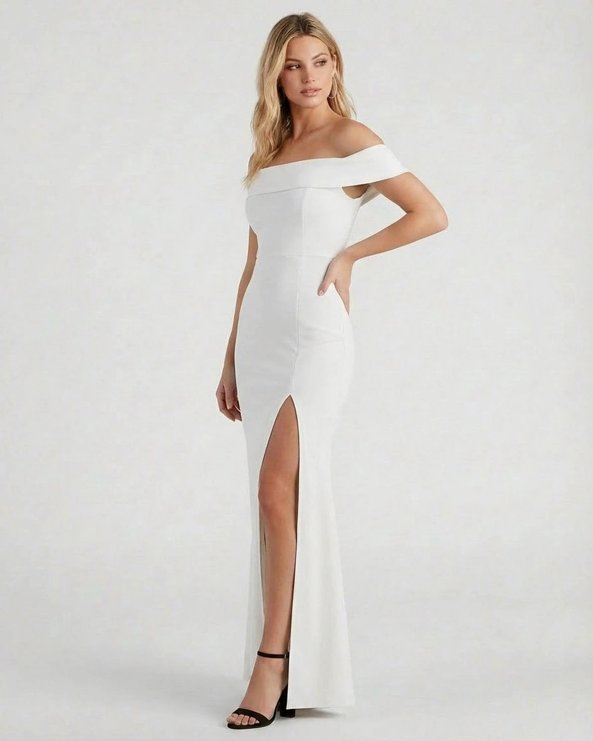 Étoile Maxi Dress – White Off Shoulder maxi dress, styled look by Slimona