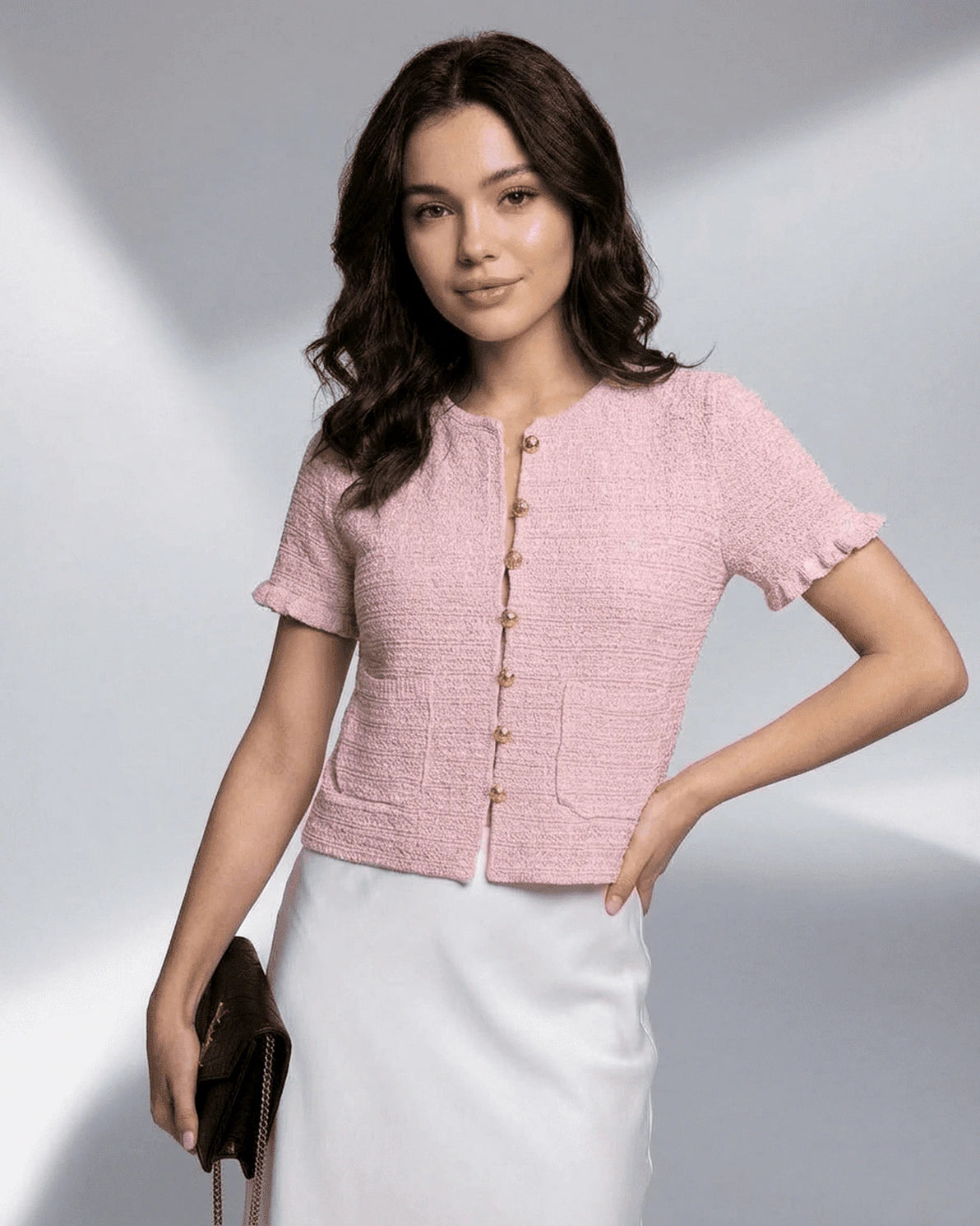 Camellia Cardigan – Camel Satin cardigan, styled look by Slimona