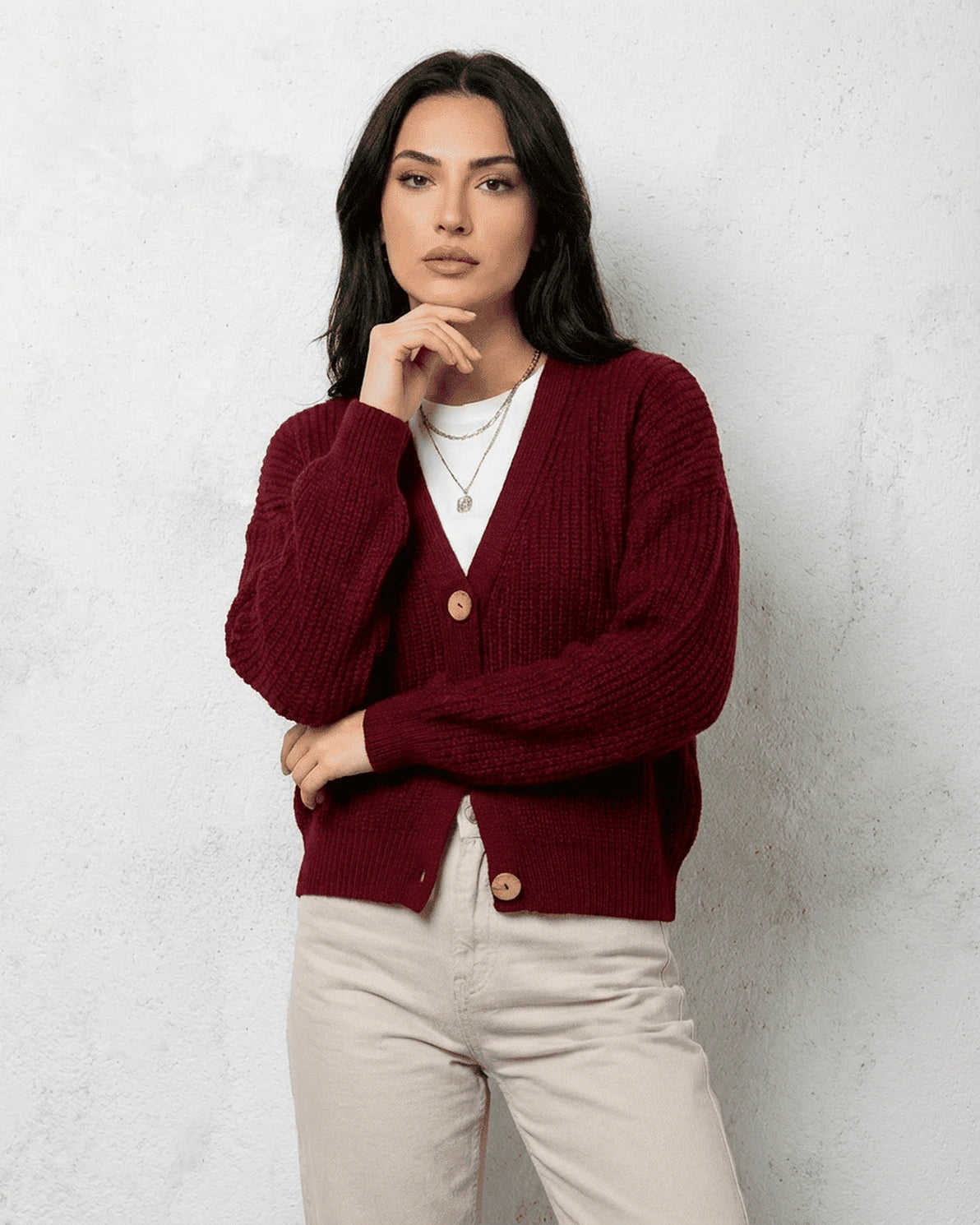 Vesper Cardigan – Burgundy Knit cardigan, styled look by Slimona