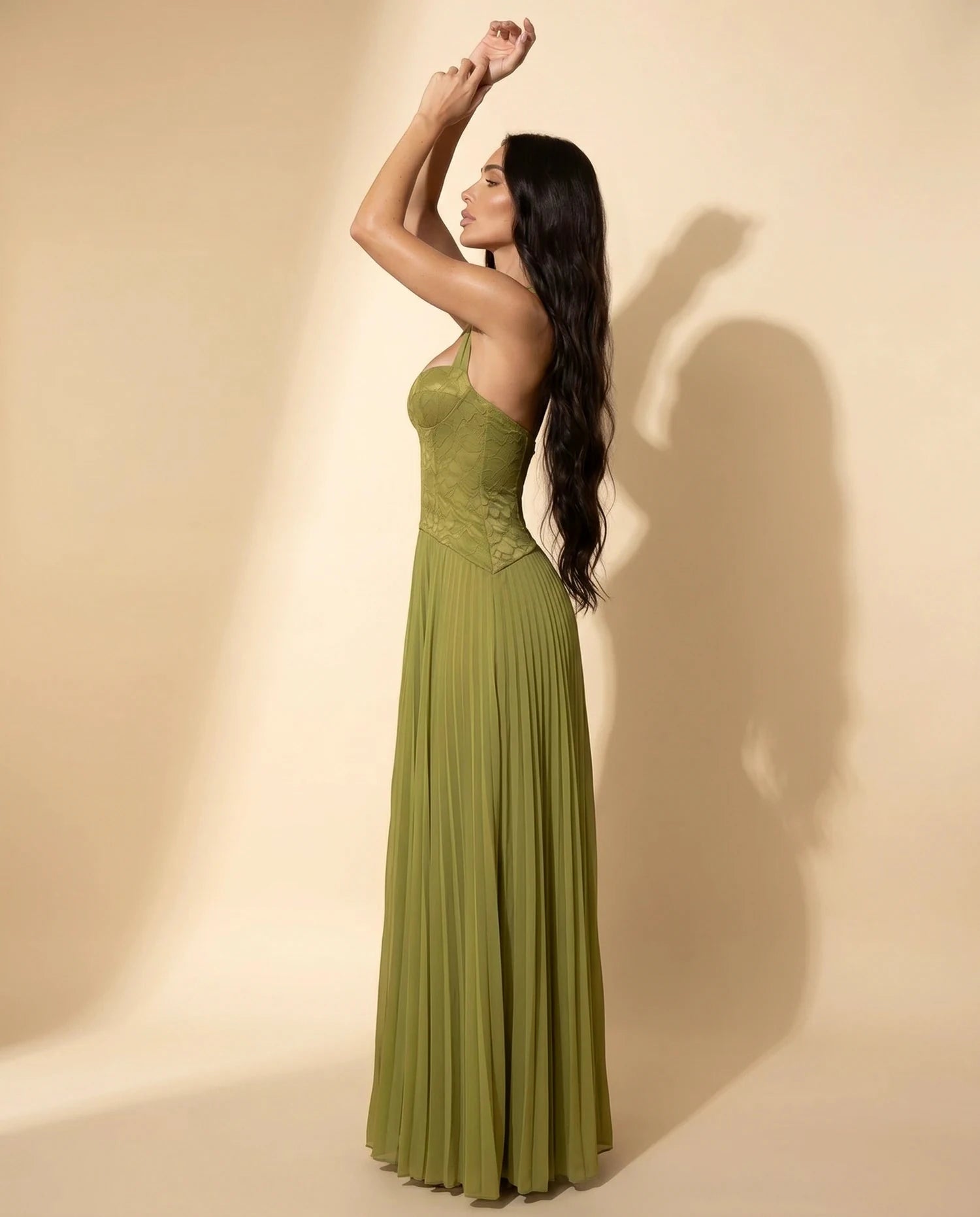 Verdant Maxi Dress – Olive Chiffon Halter maxi dress, side profile silhouette by Slimona