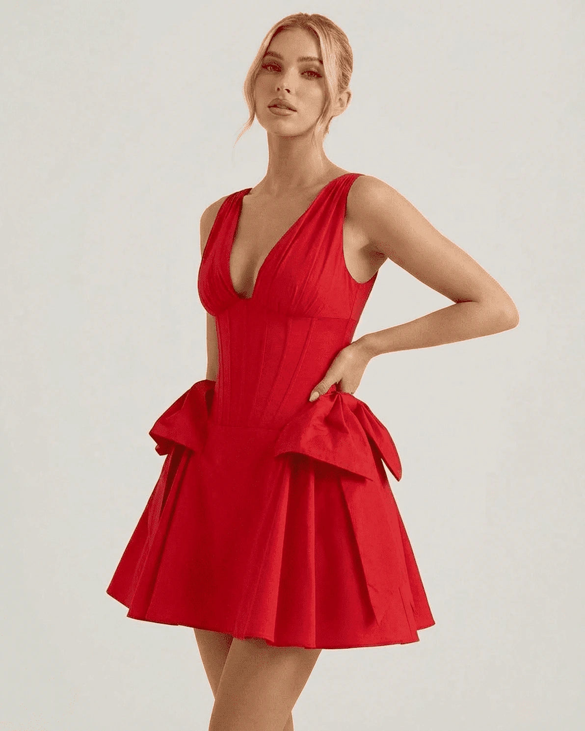 Dahlia Mini Dress – Red V Neck mini dress, styled look by Slimona