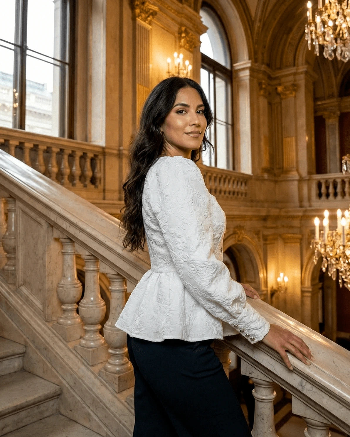 Ivory Corset Top – White Jacquard Square Neck blouse, model wearing by Slimona