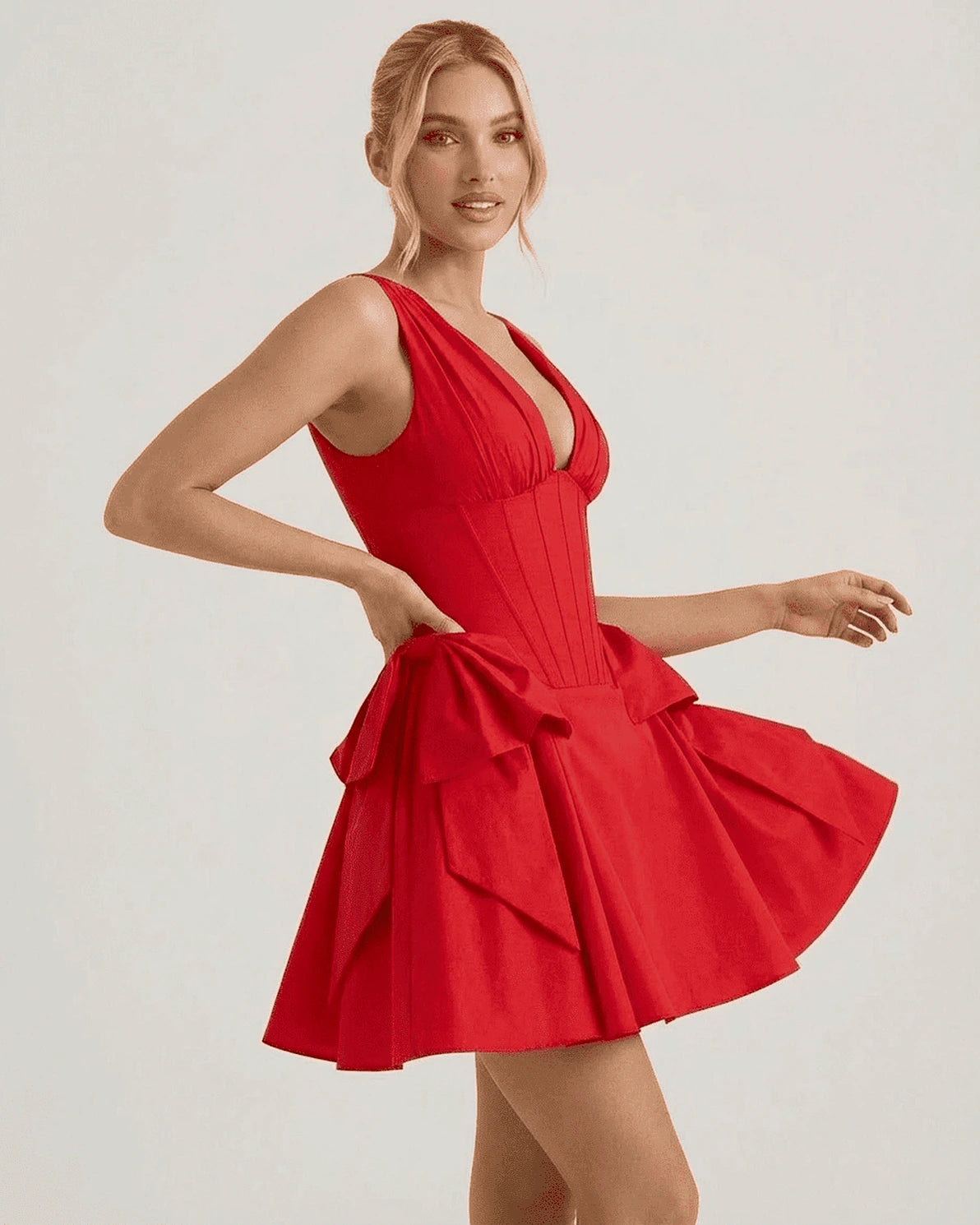 Dahlia Mini Dress – Red V Neck mini dress, model wearing by Slimona