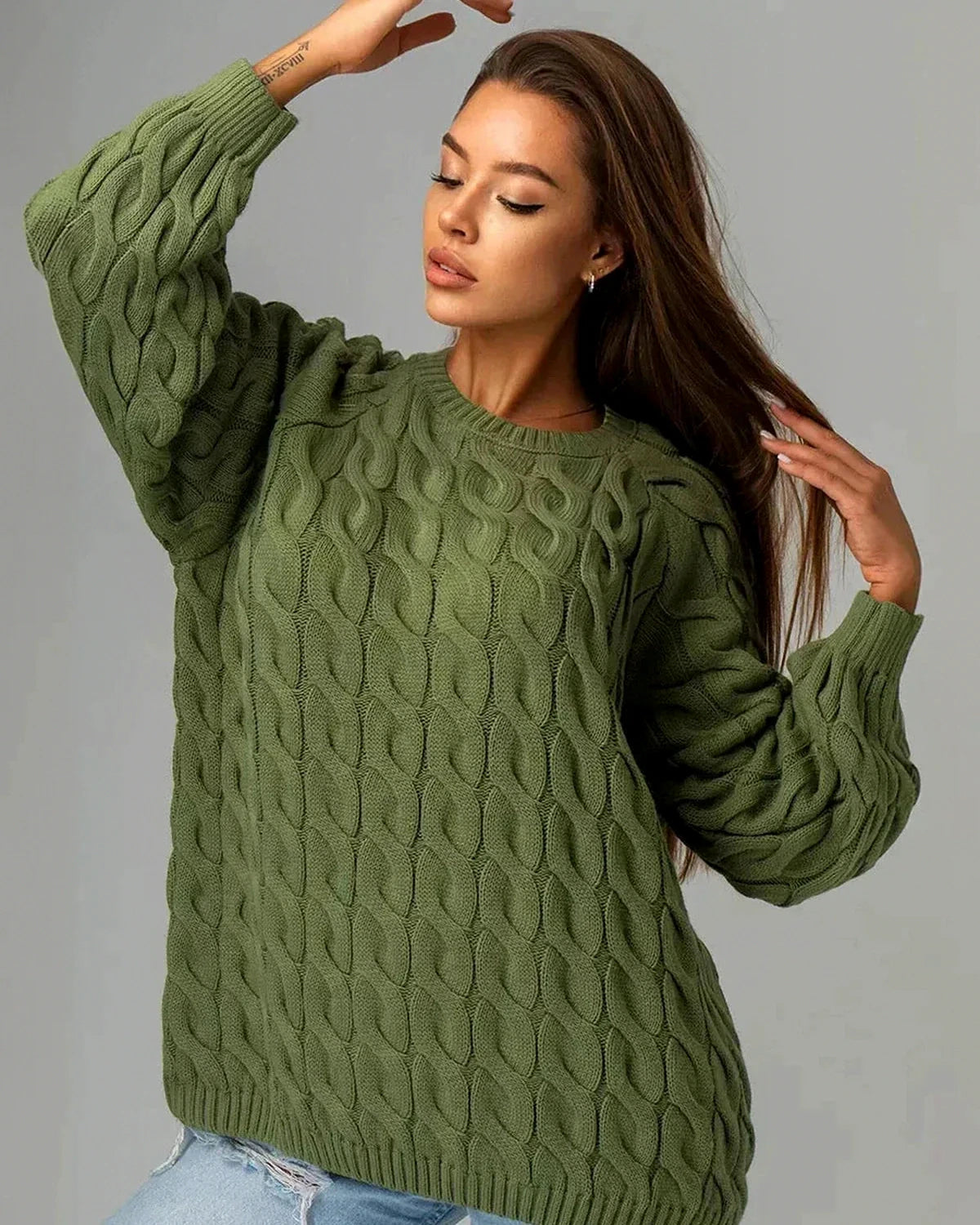 Orion Sweater – Green Cotton sweater, model wearing by Slimona