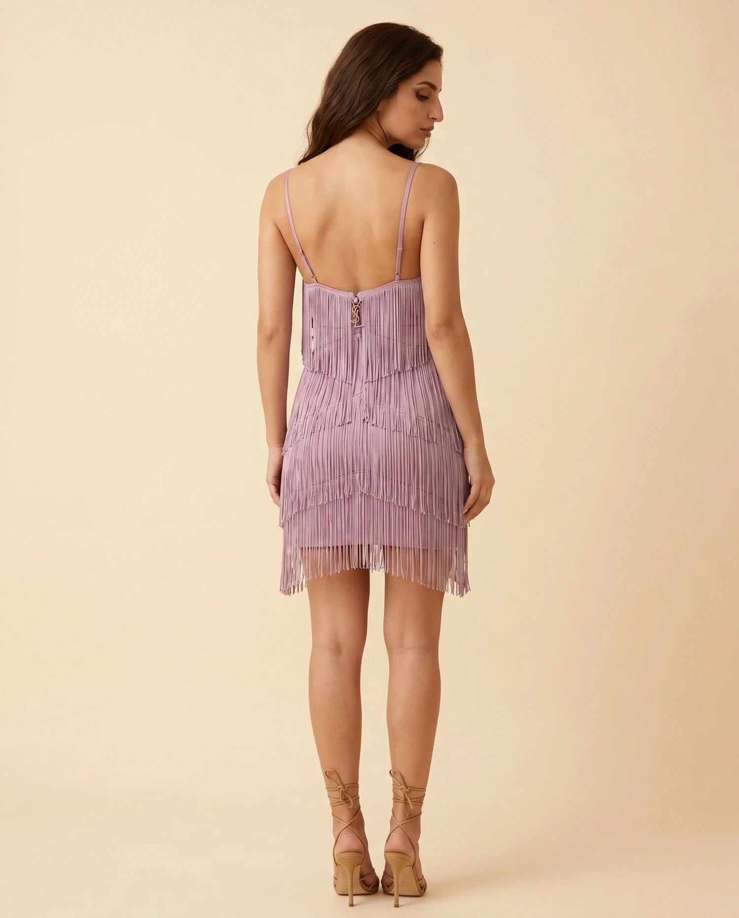 Lavender Mini Dress – Lavender V Neck mini dress, back view detail by Slimona