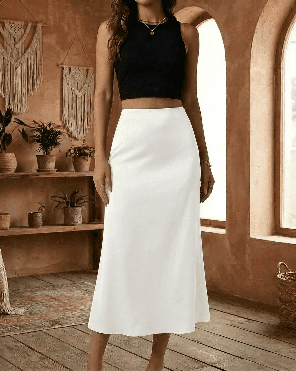 Luna Midi Skirt – White Satin midi skirt, model wearing by Slimona