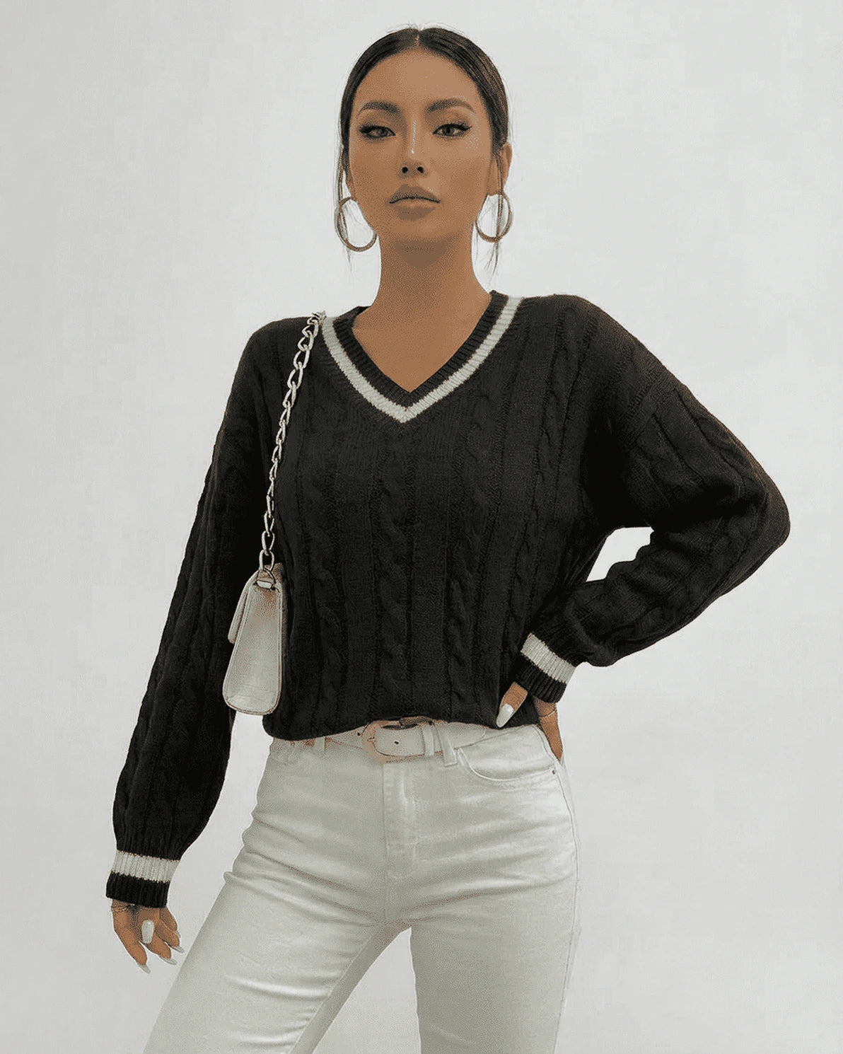 Verona Sweater – Red Cotton sweater, model wearing by Slimona
