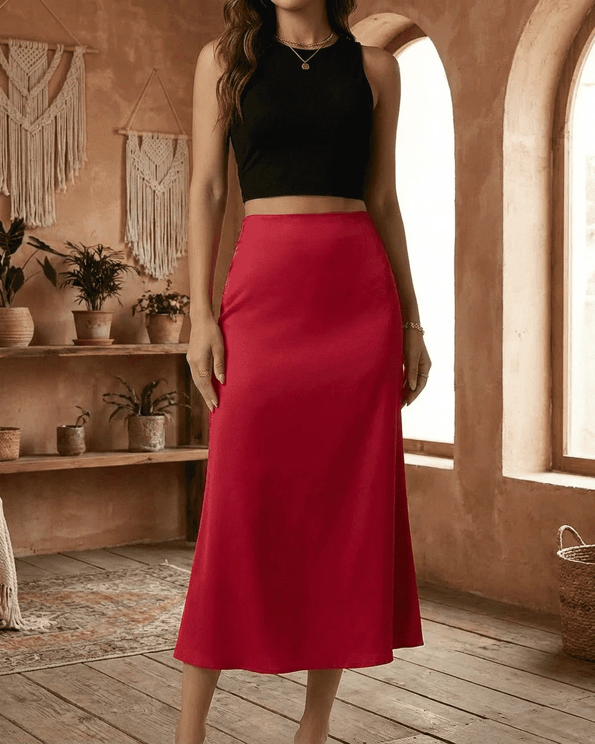 Rosalia Midi Skirt – Red Satin midi skirt, model wearing by Slimona