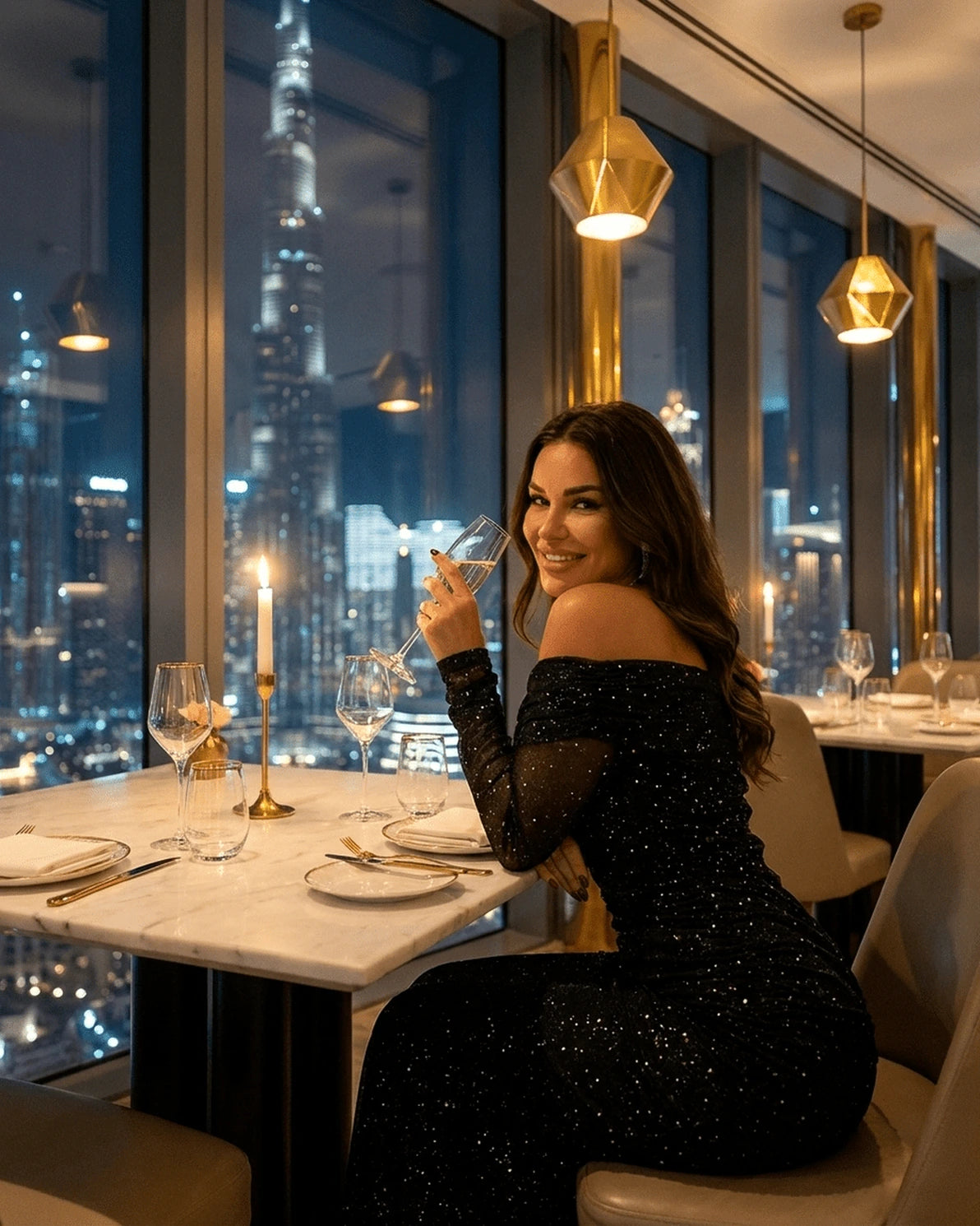 Noir Maxi Dress – Black Sequin maxi dress, model wearing by Slimona
