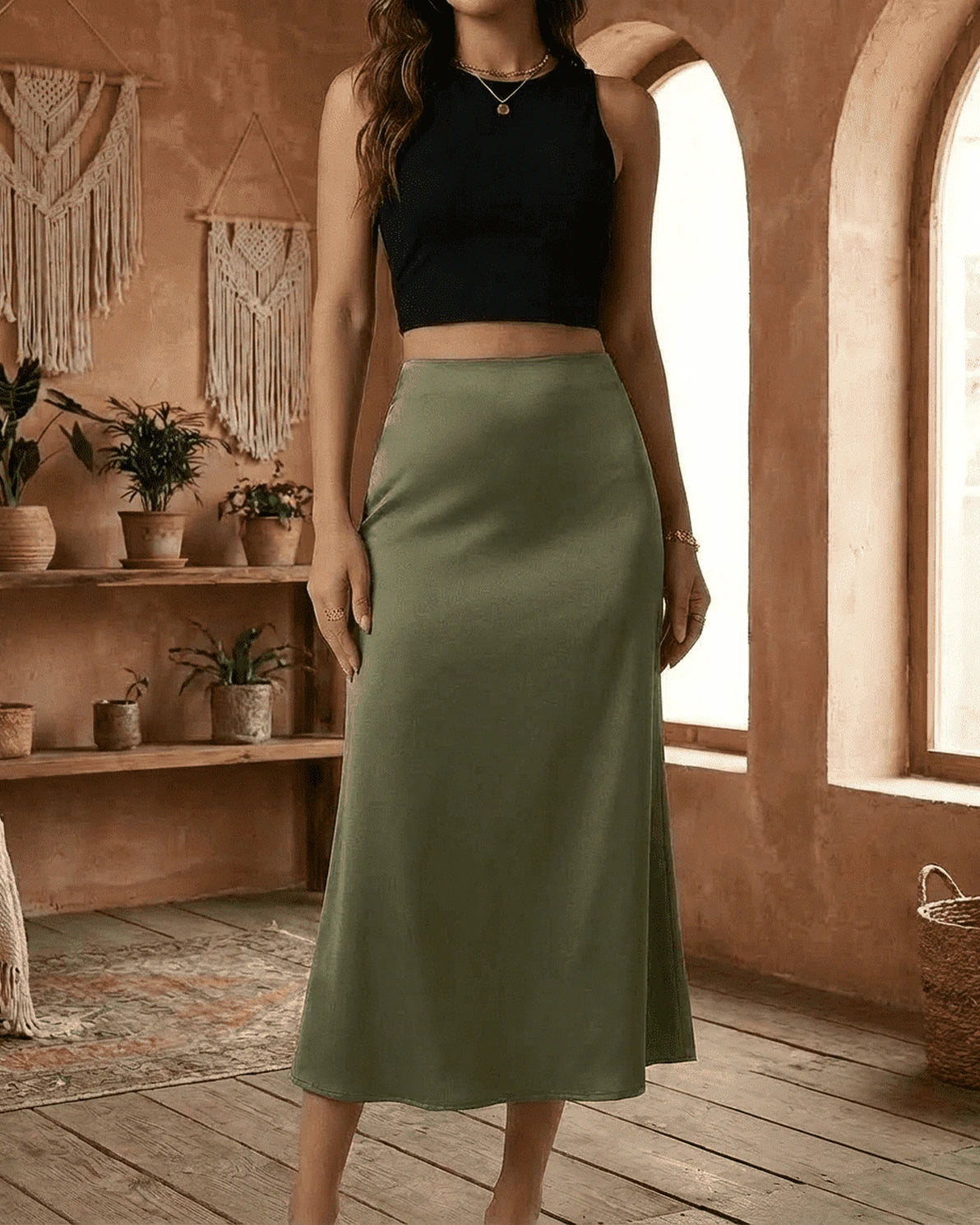 Olivia Midi Skirt – Olive Satin midi skirt, model wearing by Slimona
