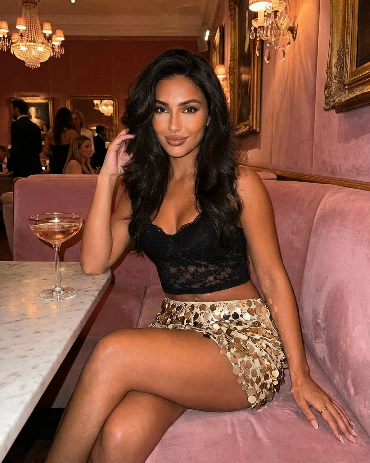 Ines Mini Skirt – Gold Sequin mini skirt, model wearing by Slimona