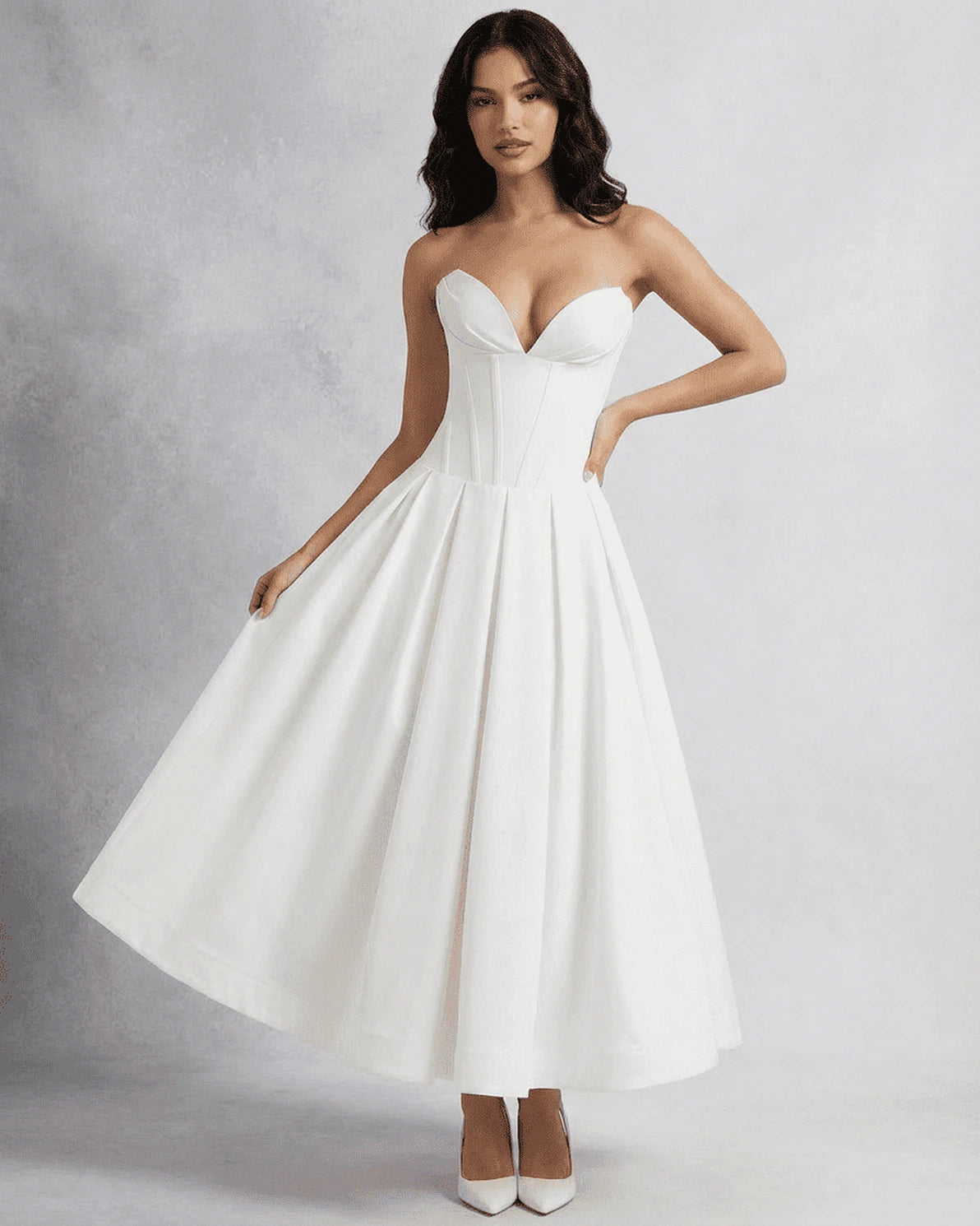 Venice Midi Dress – White Strapless midi dress, model wearing by Slimona