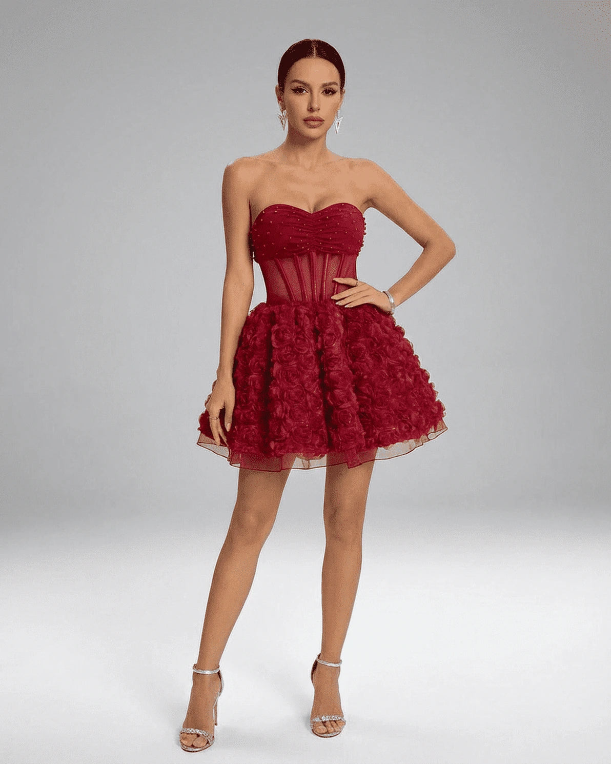 Talia Mini Dress – Red Mesh Strapless mini dress, model wearing by Slimona