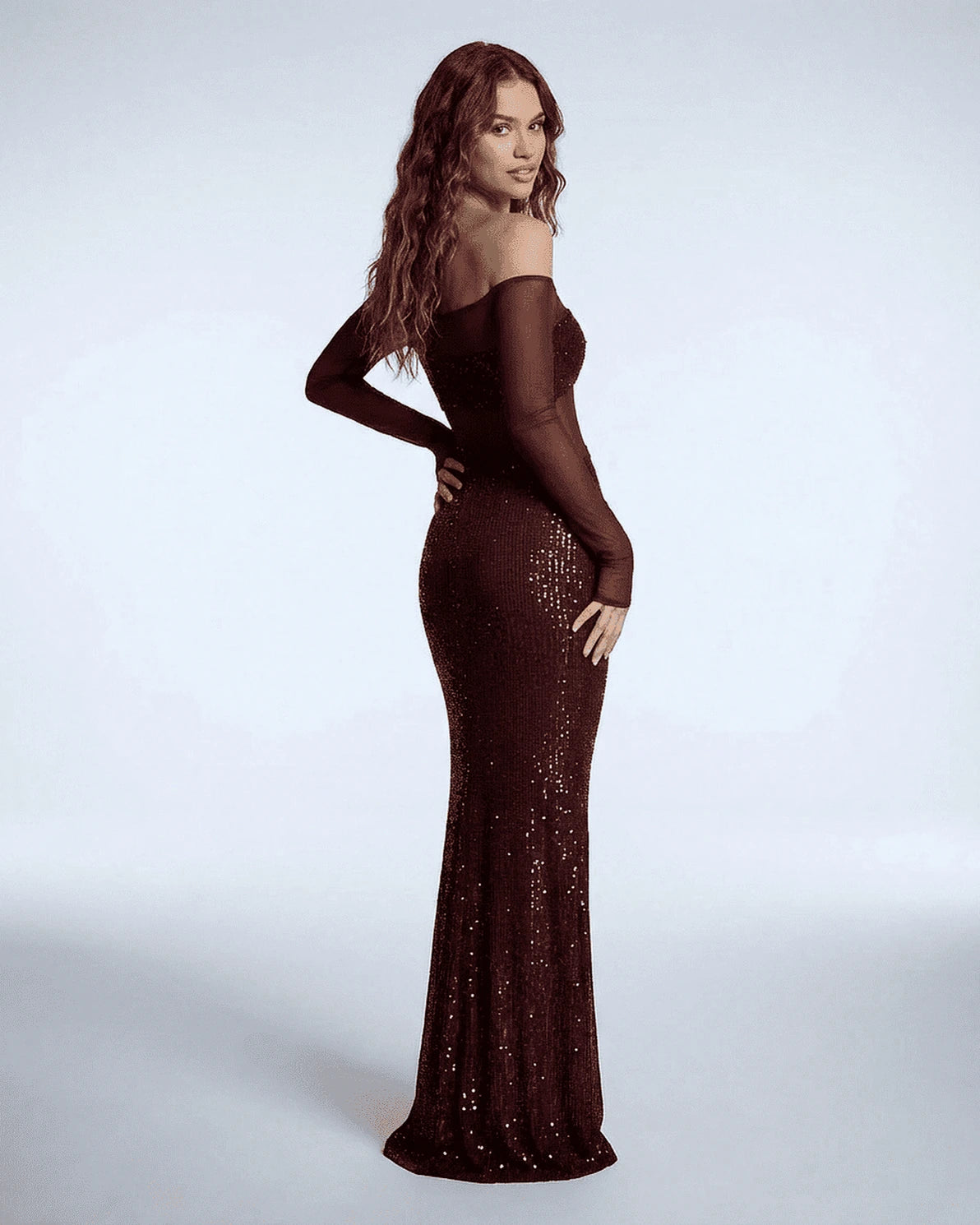 Virella Maxi Dress – Red Sequin Off Shoulder maxi dress, model wearing by Slimona