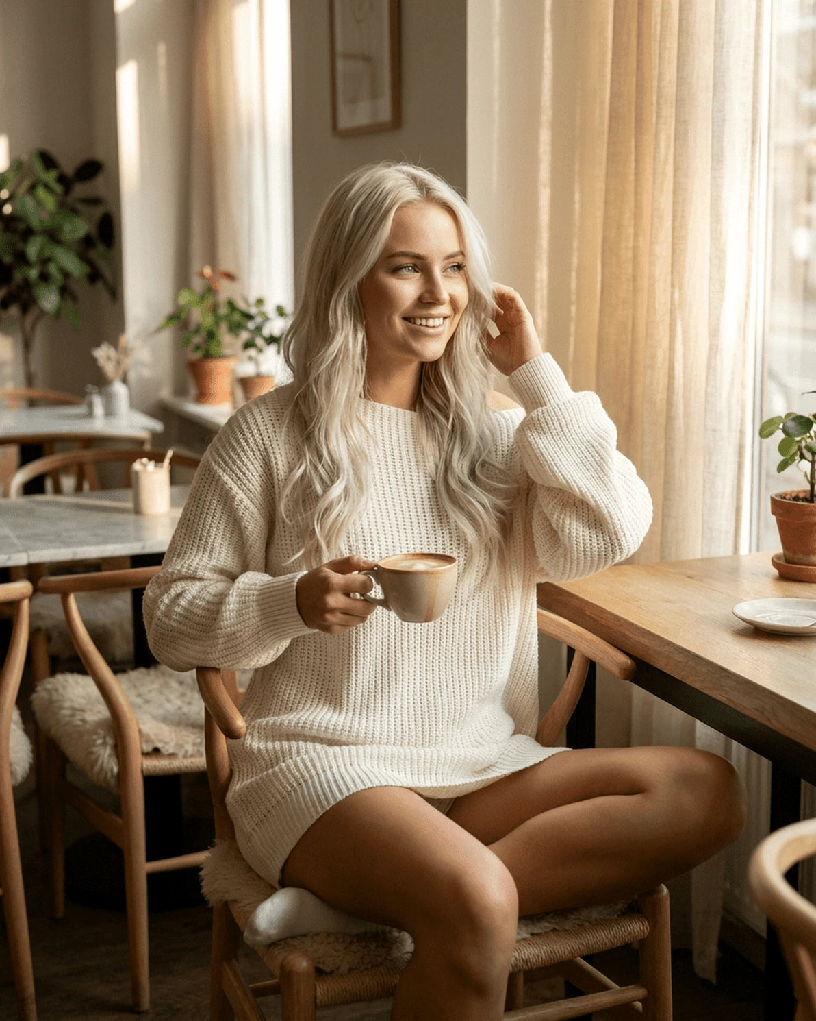 Aurora Mini Dress – White Ribbed Round Neck mini dress, model wearing by Slimona