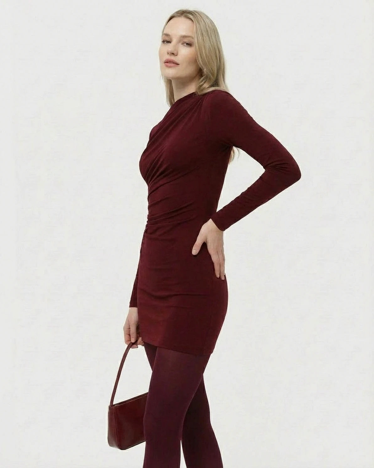 Bordeaux Mini Dress – Wine Round Neck mini dress, model wearing by Slimona