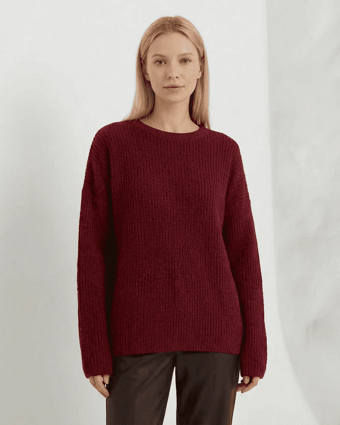 Marlo Sweater – Burgundy Cotton sweater, model wearing by Slimona