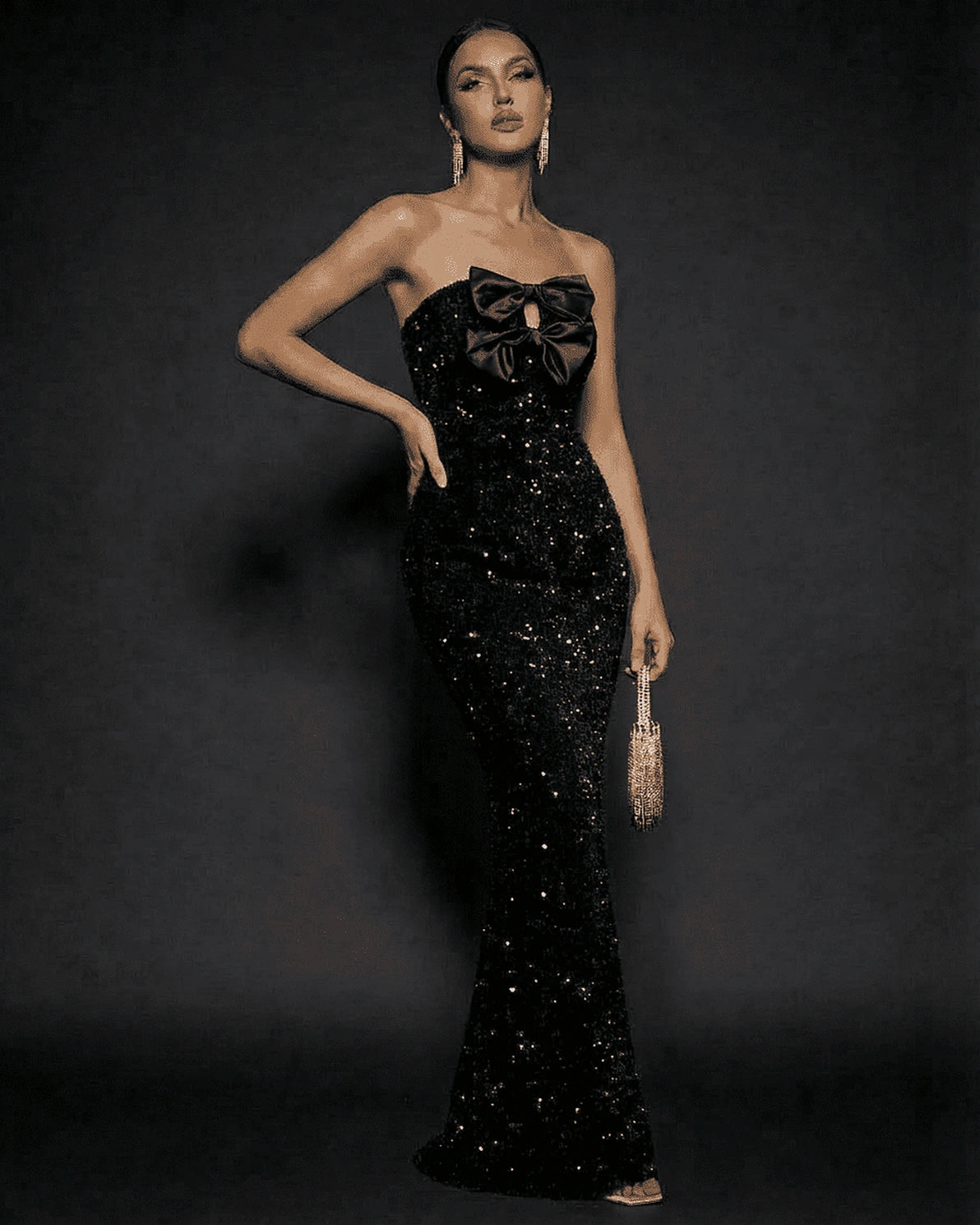 Una Maxi Dress – Black Sequin Strapless maxi dress, model wearing by Slimona
