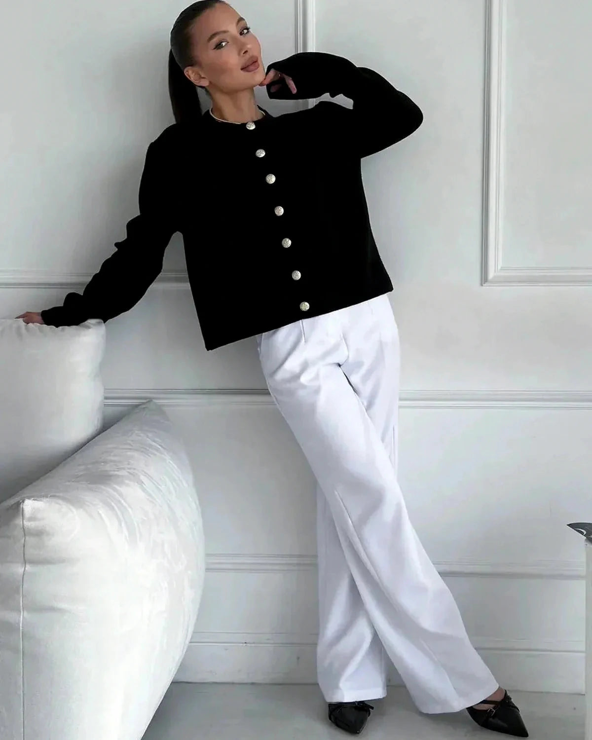 Noir Cardigan – Black Knit cardigan, model wearing by Slimona