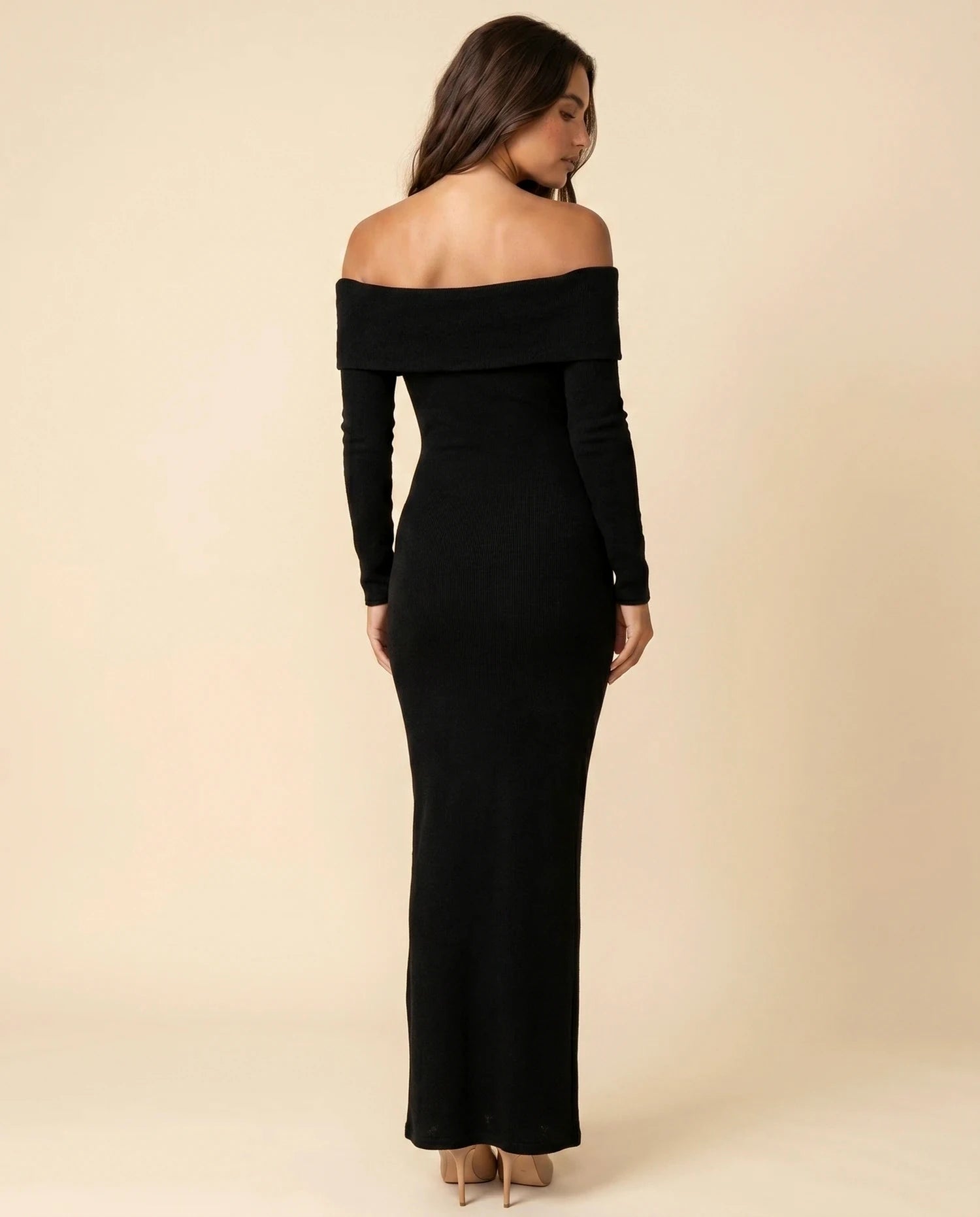 Noctura Maxi Dress – Black Off Shoulder maxi dress, back view detail by Slimona