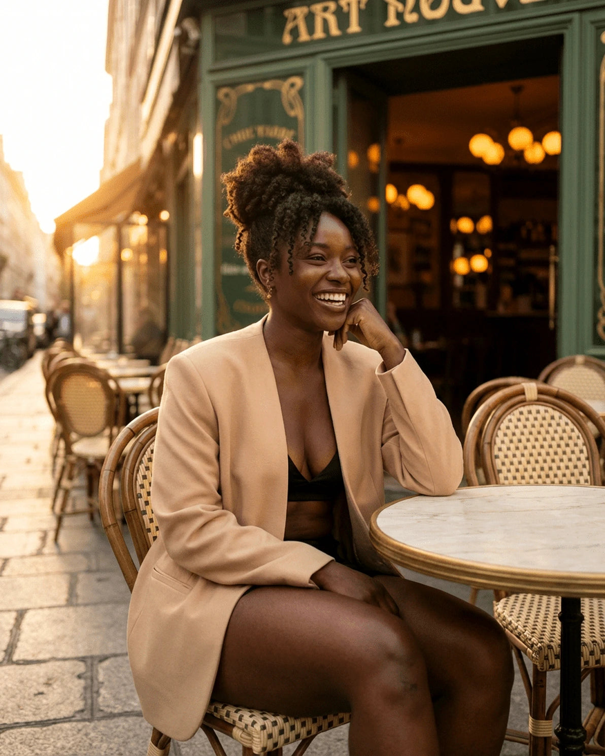 Savona Blazer – Beige blazer, model wearing by Slimona