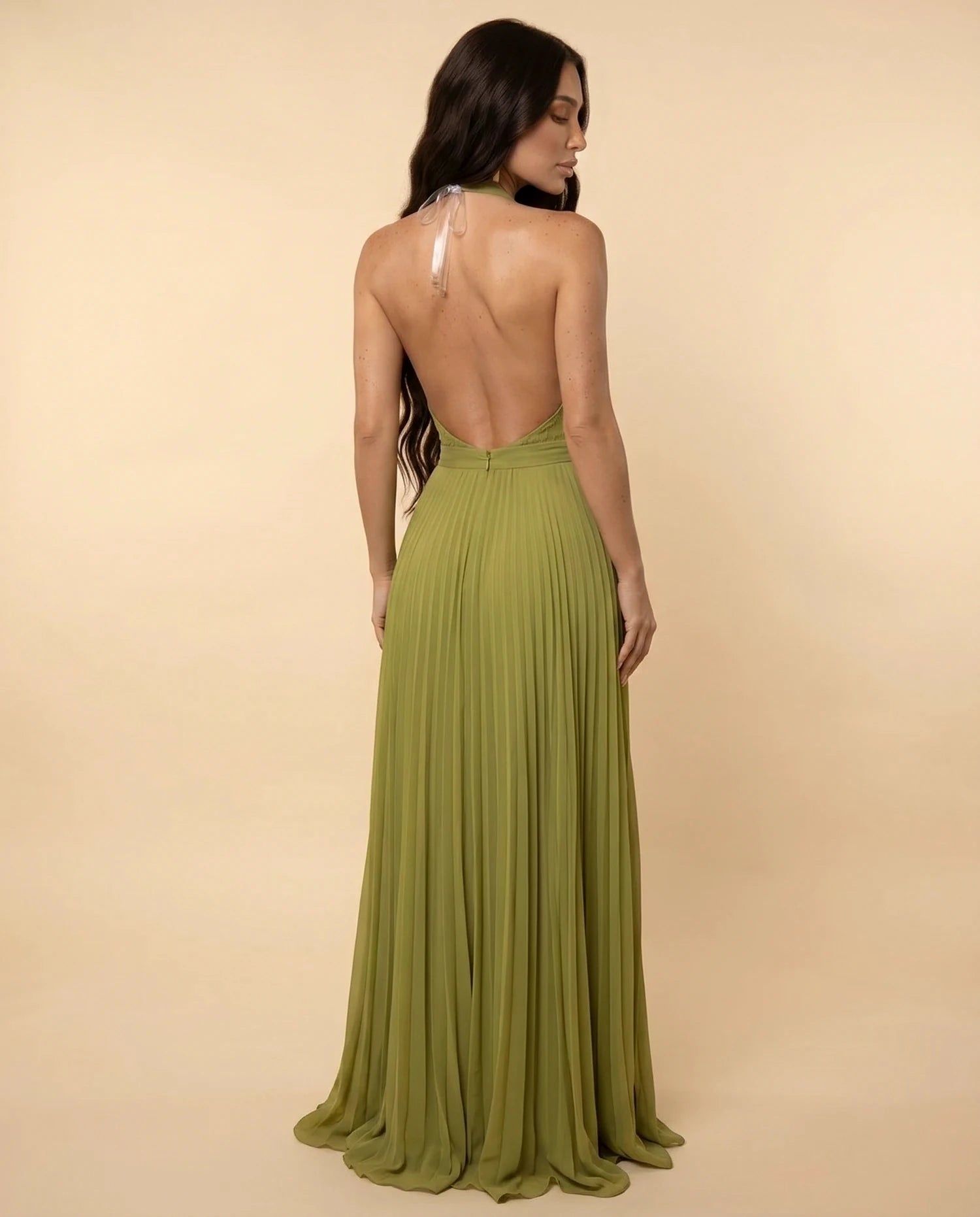 Verdant Maxi Dress – Olive Chiffon Halter maxi dress, back view detail by Slimona