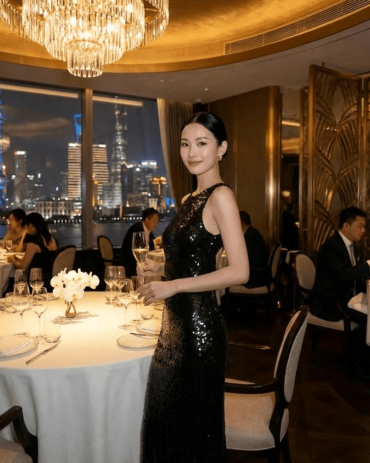 Noiré Maxi Dress – Black Sequin V Neck maxi dress, model wearing by Slimona