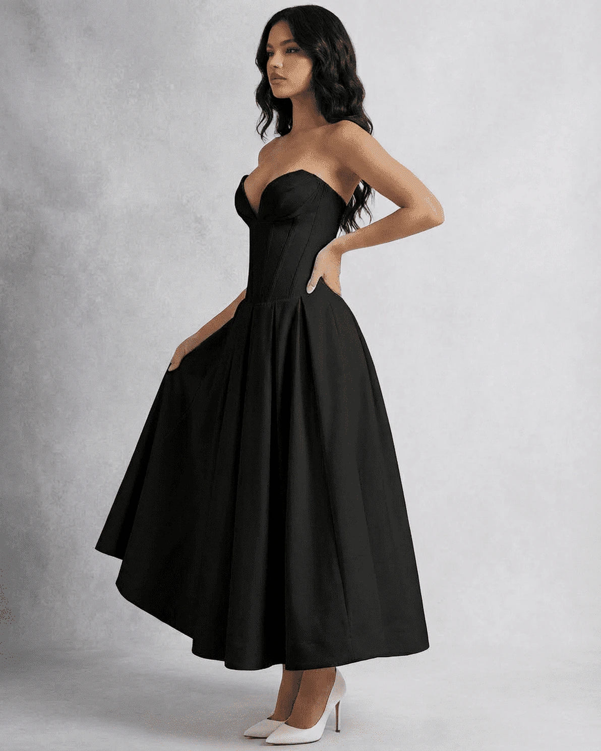 Nova Midi Dress – Black Strapless midi dress, close-up detail by Slimona