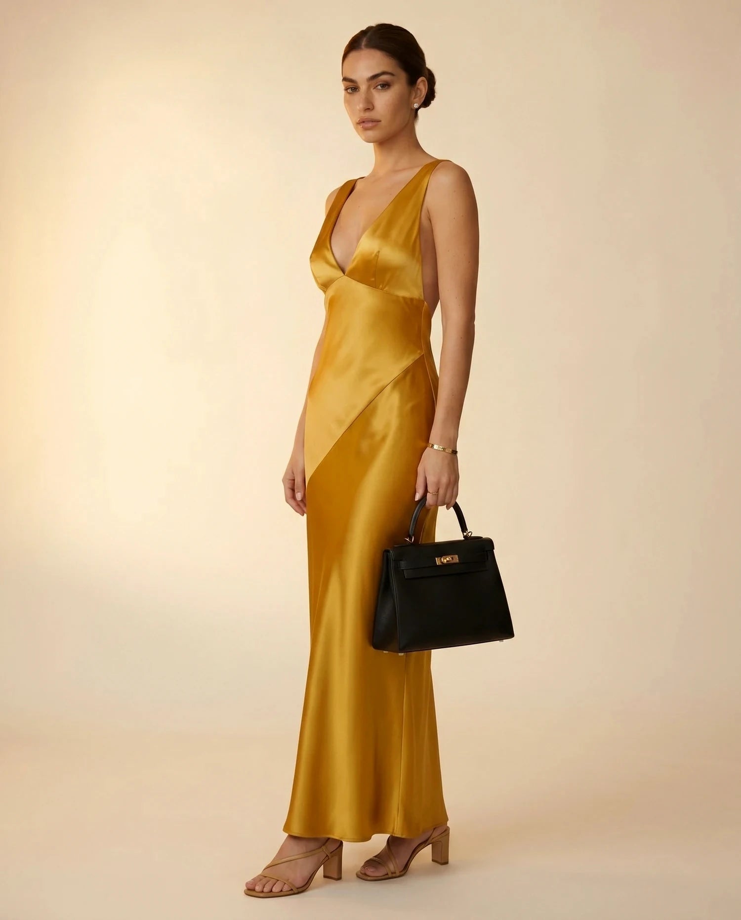 Aurelia Maxi Dress – Black Satin V Neck maxi dress, complete styled outfit with accessories by Slimona