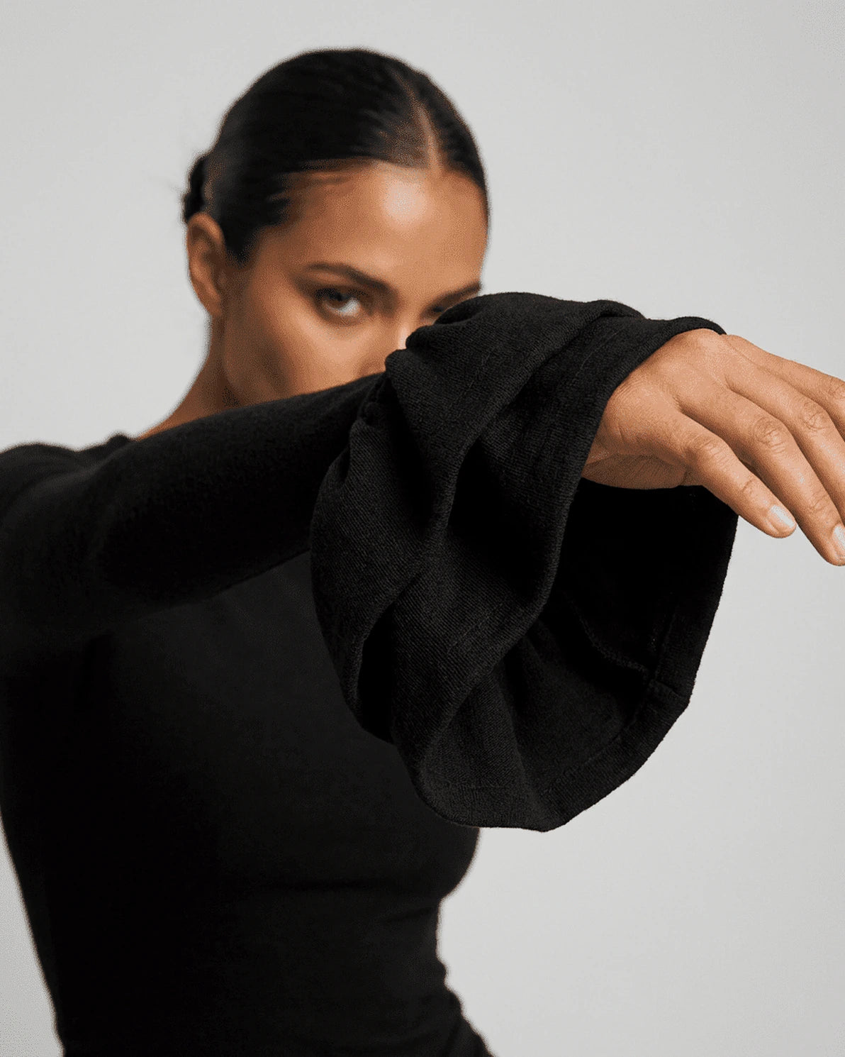 Orion Mini Dress – Black Crew Neck mini dress, close-up detail by Slimona