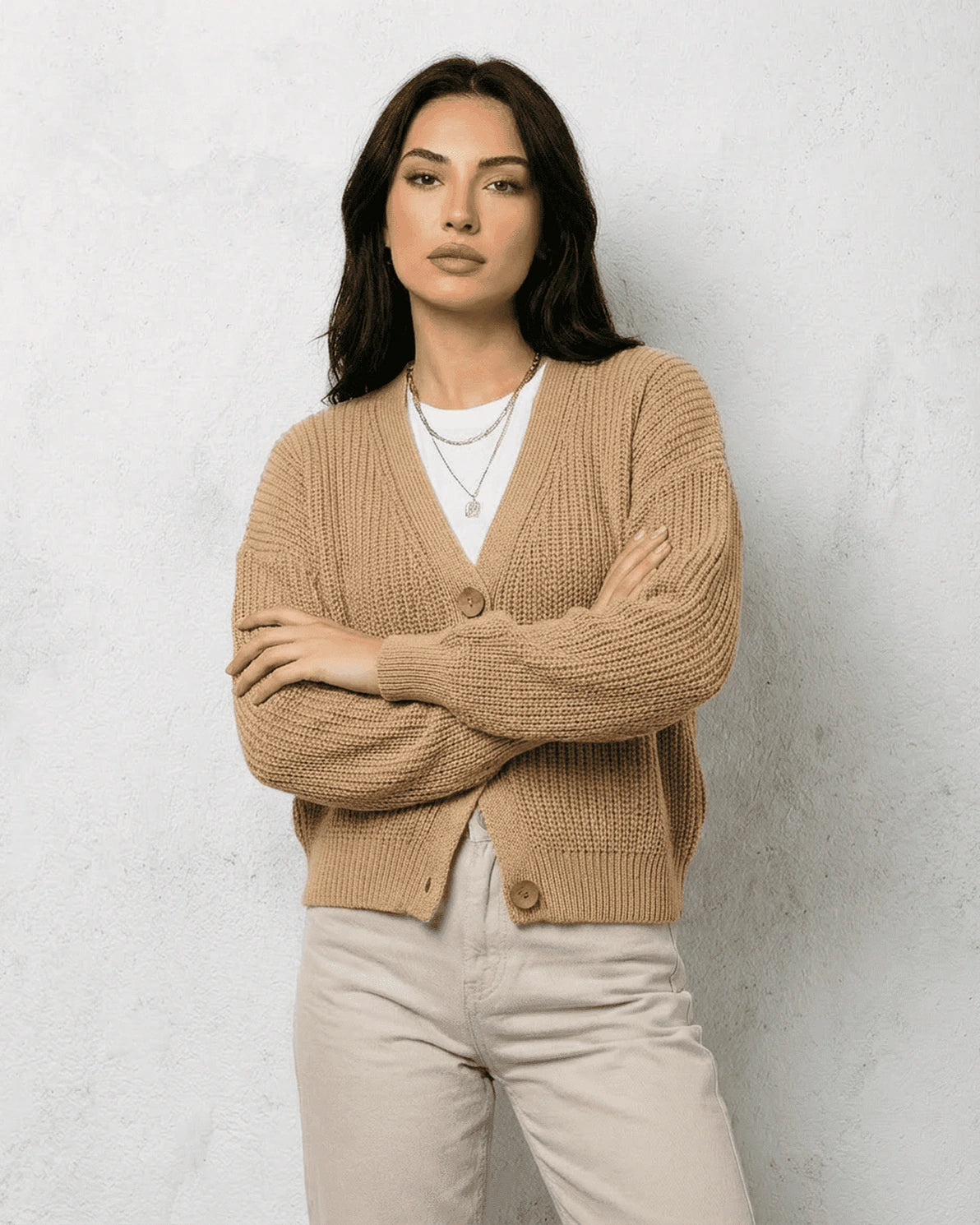Saffron Cardigan – Beige Knit cardigan, close-up detail by Slimona