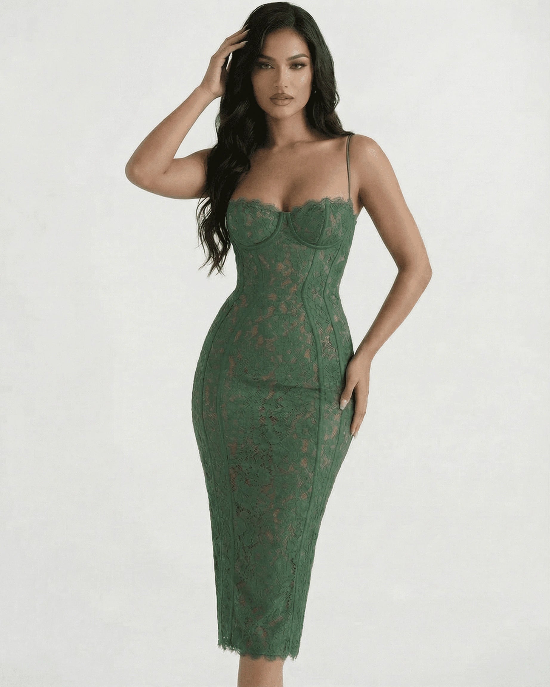 Siena Midi Dress – Green Lace Round Neck midi dress, close-up detail by Slimona