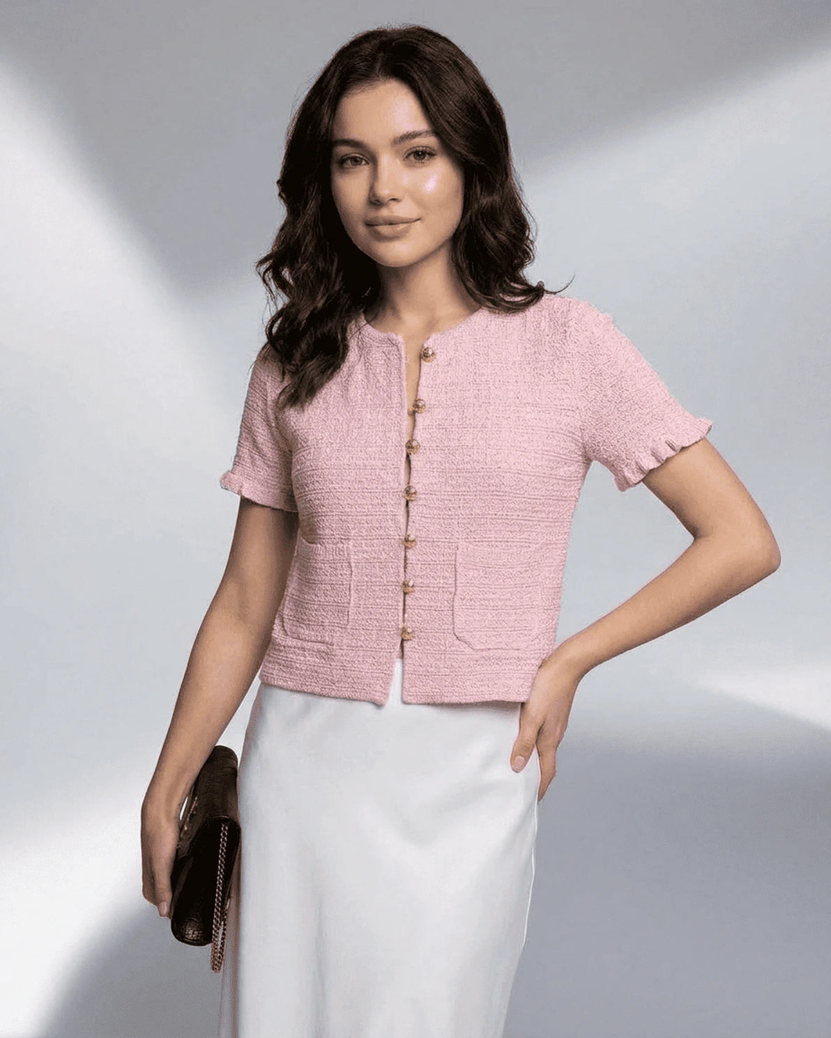 Camellia Cardigan – Camel Satin cardigan, alternate angle by Slimona