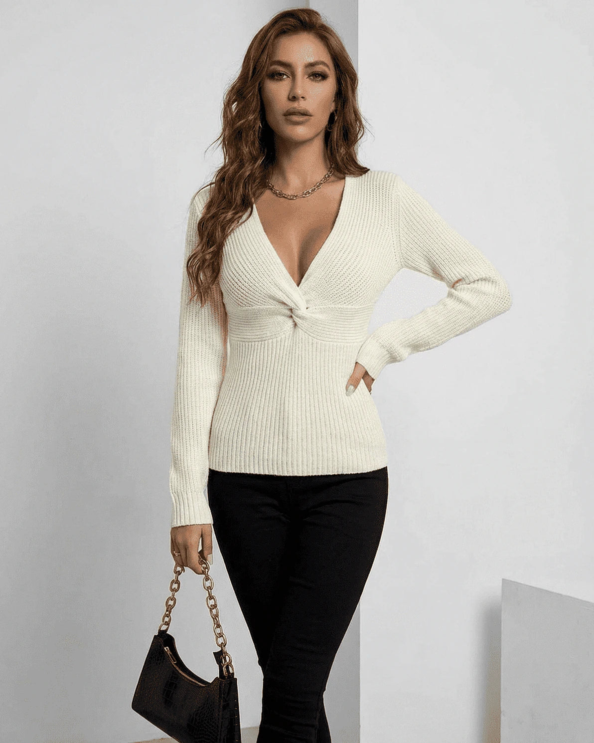 Celeste Pullover – Ivory Ribbed pullover, alternate angle by Slimona